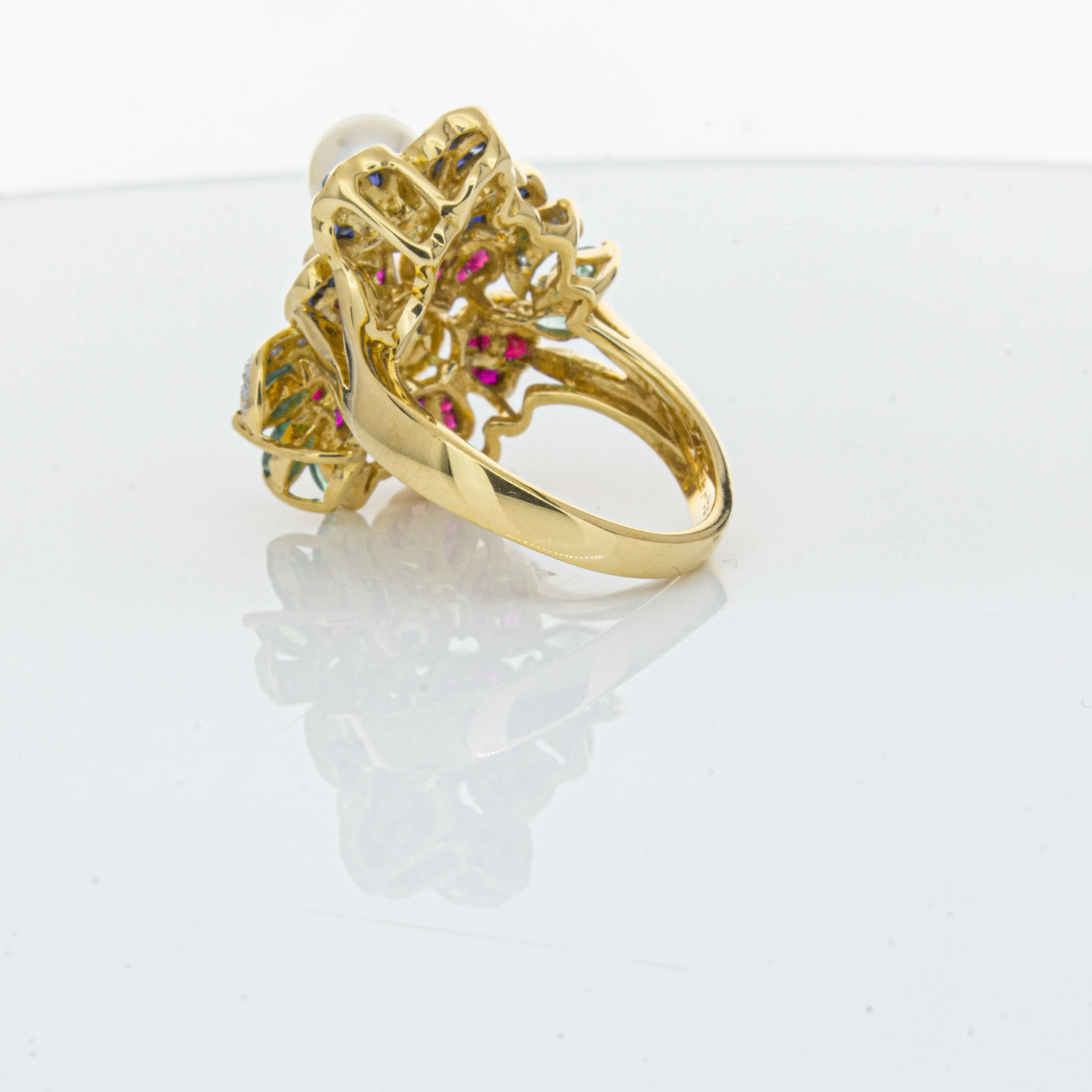 Deja Vu 18ct Yellow Gold Pearl & Multi Gem Floral Ring