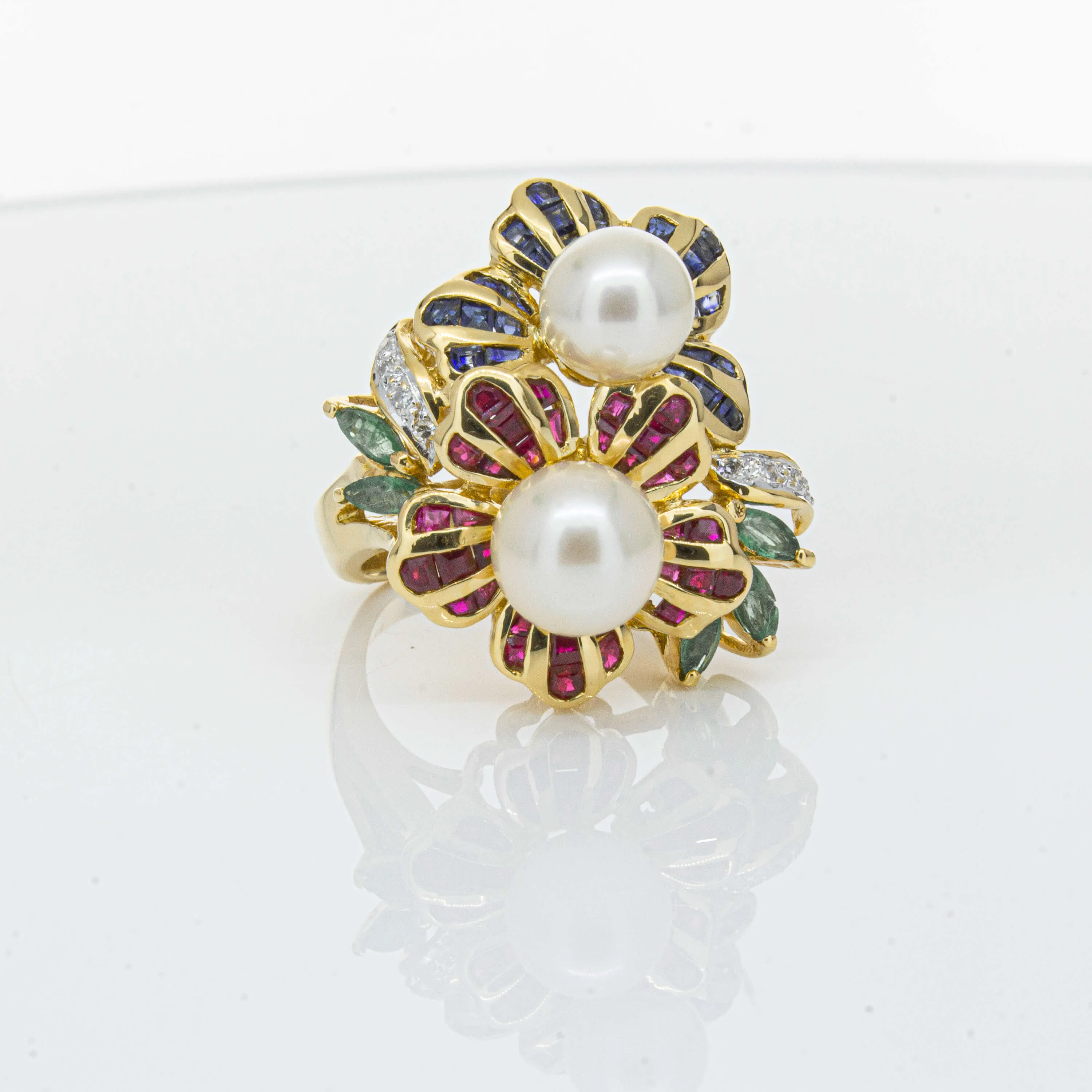 Deja Vu 18ct Yellow Gold Pearl & Multi Gem Floral Ring