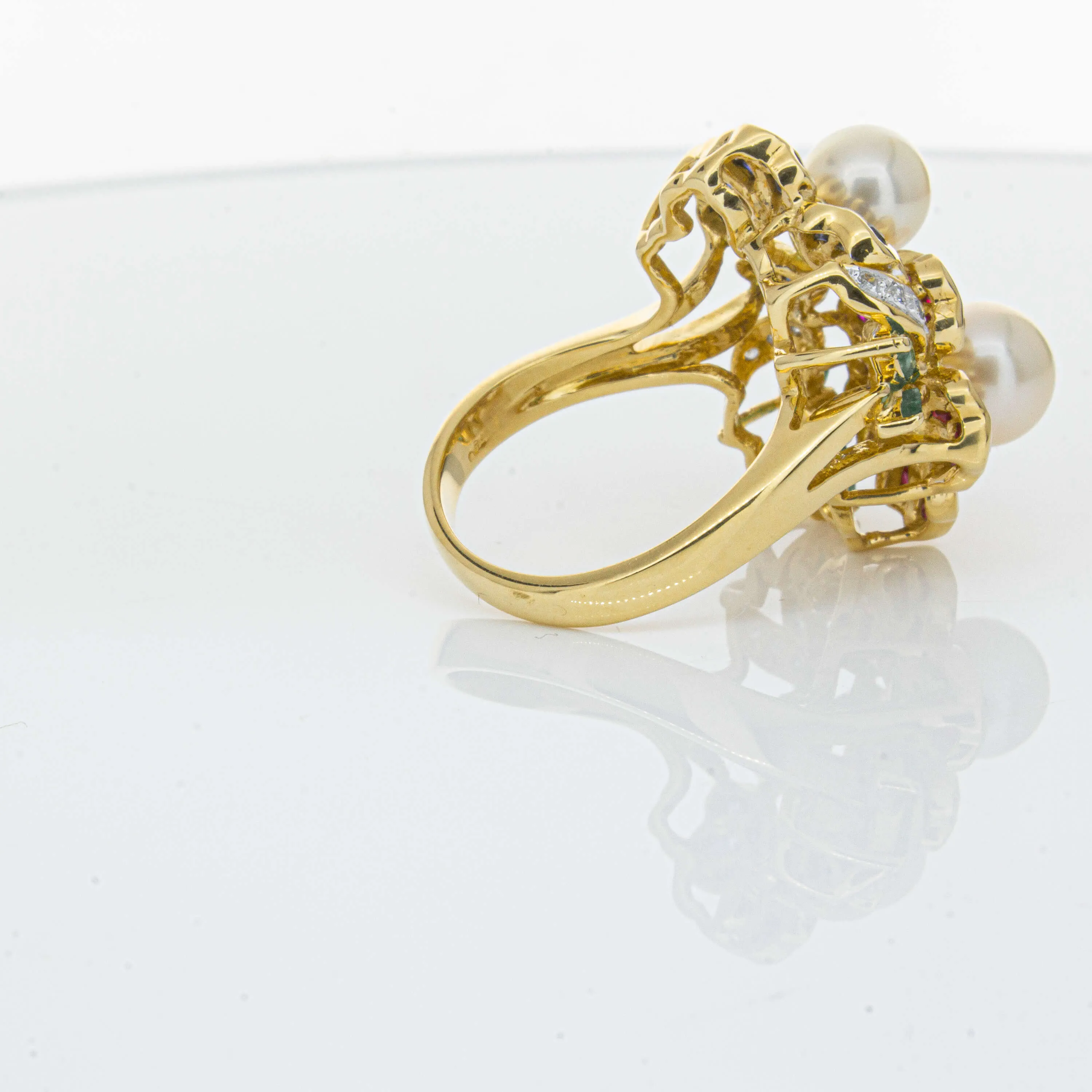 Deja Vu 18ct Yellow Gold Pearl & Multi Gem Floral Ring