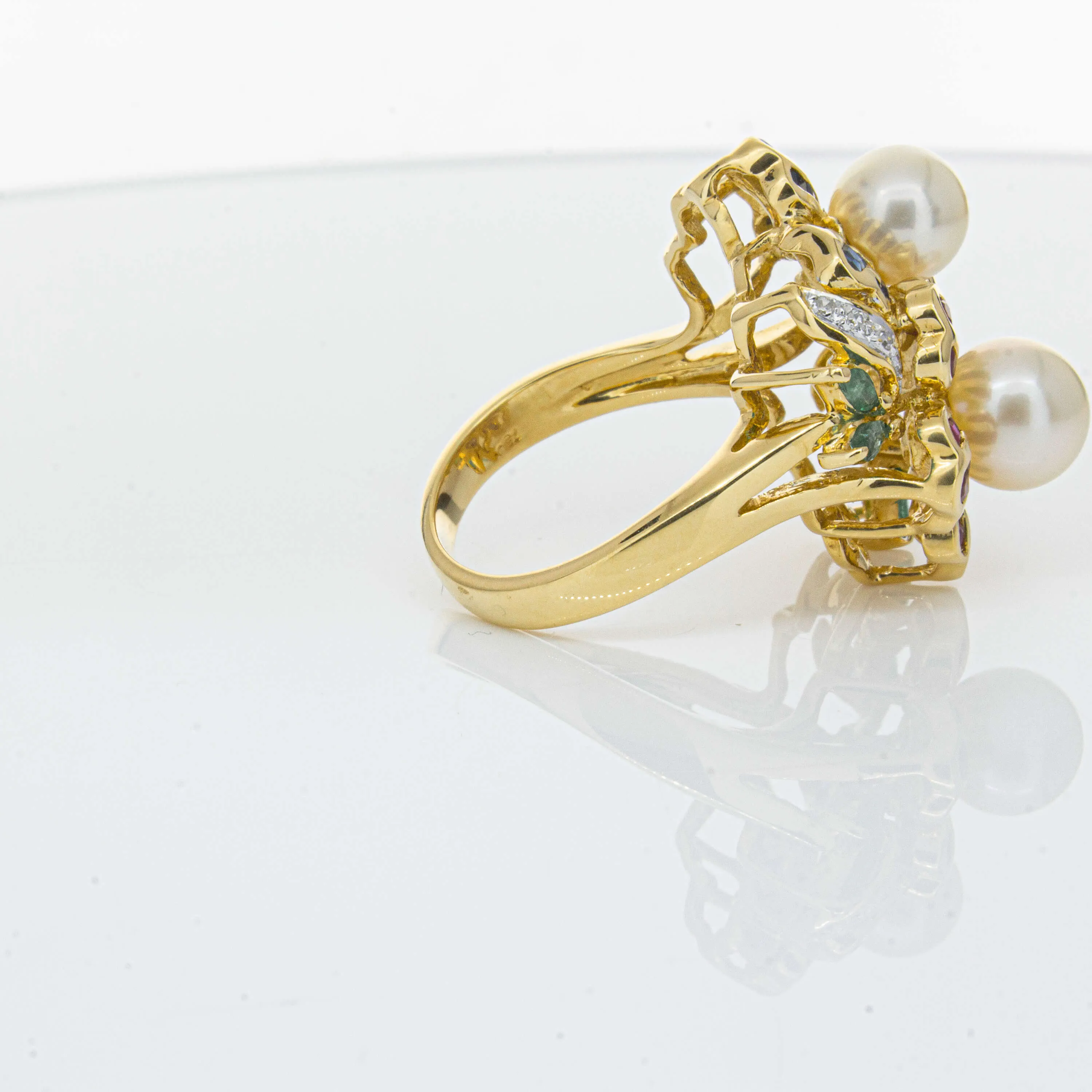 Deja Vu 18ct Yellow Gold Pearl & Multi Gem Floral Ring