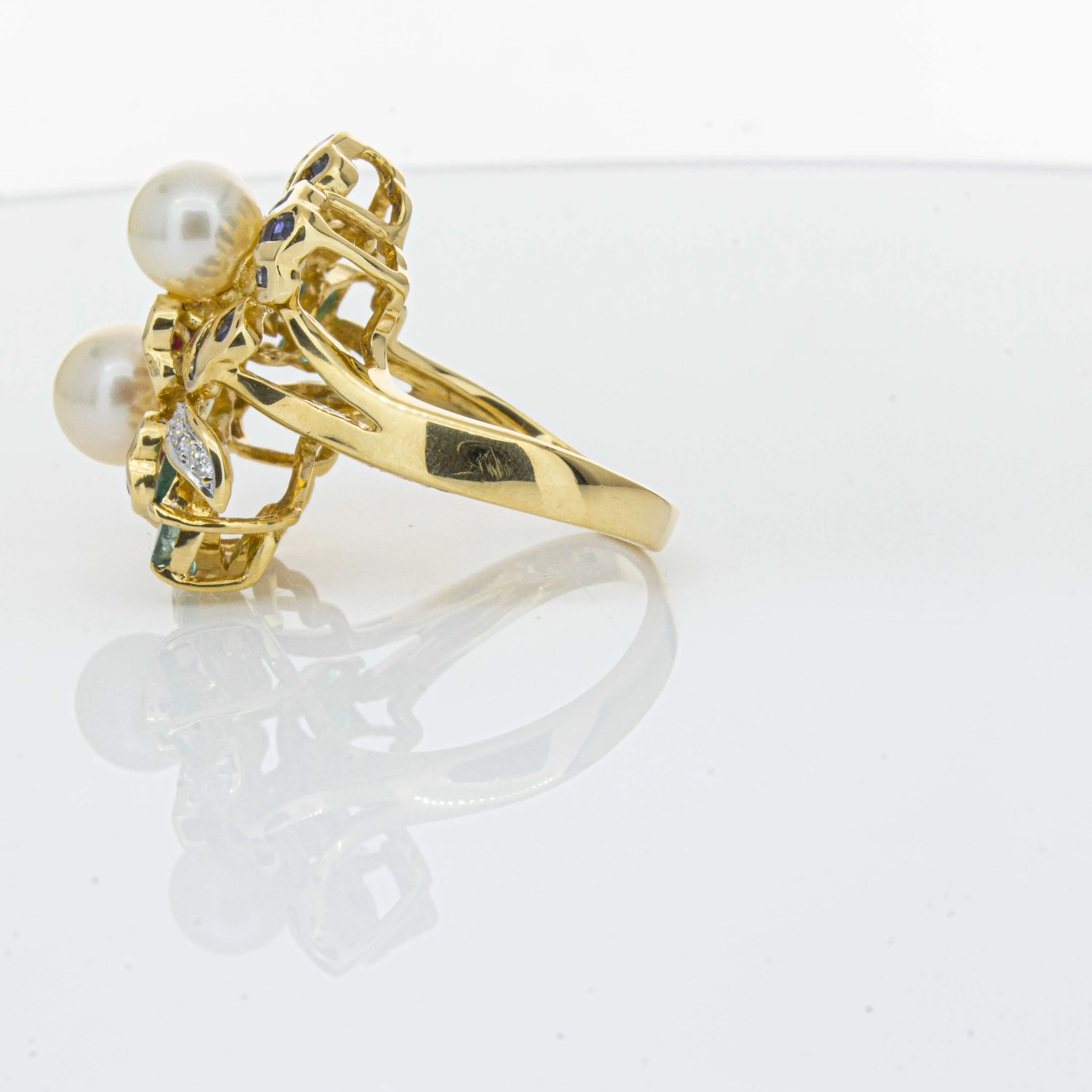 Deja Vu 18ct Yellow Gold Pearl & Multi Gem Floral Ring