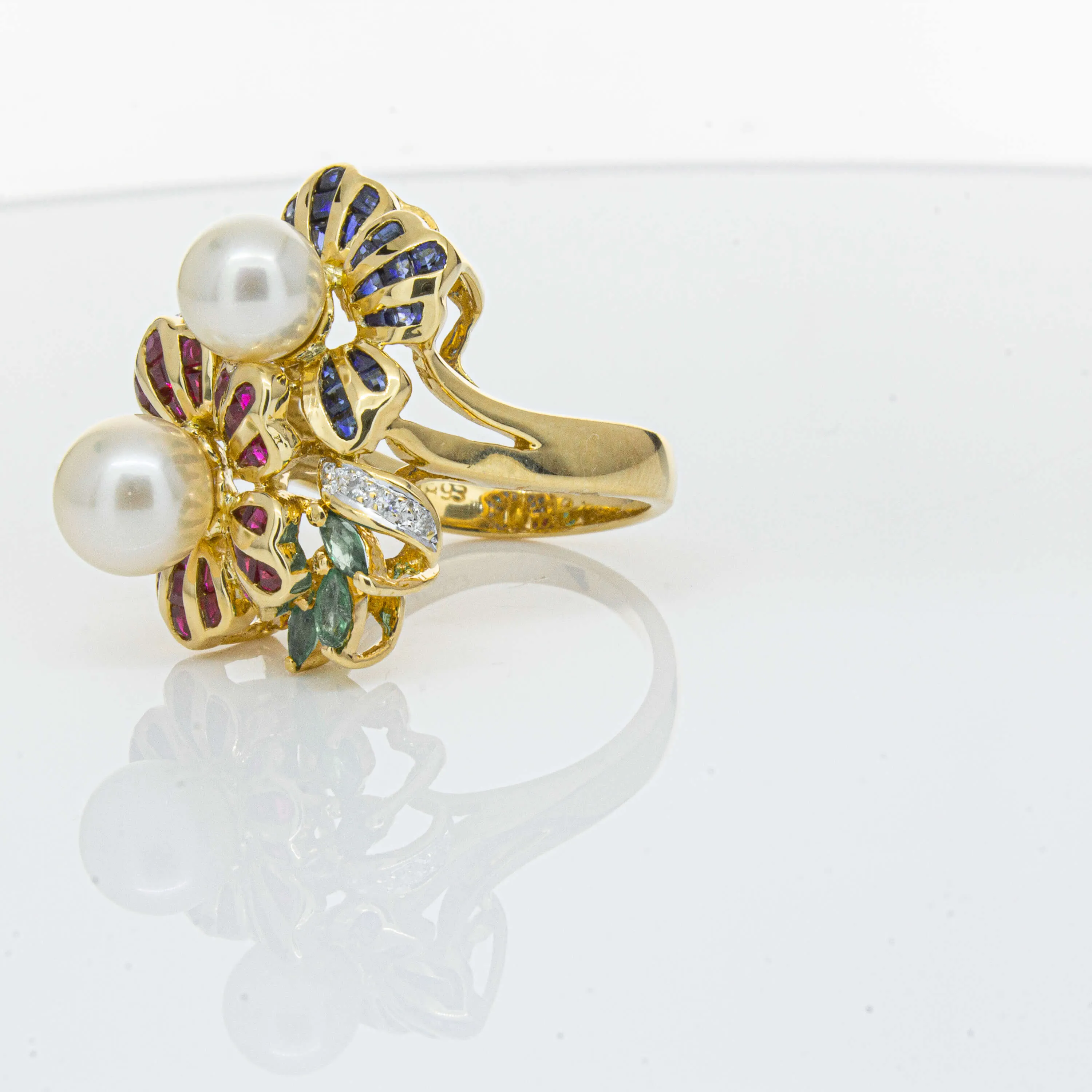 Deja Vu 18ct Yellow Gold Pearl & Multi Gem Floral Ring