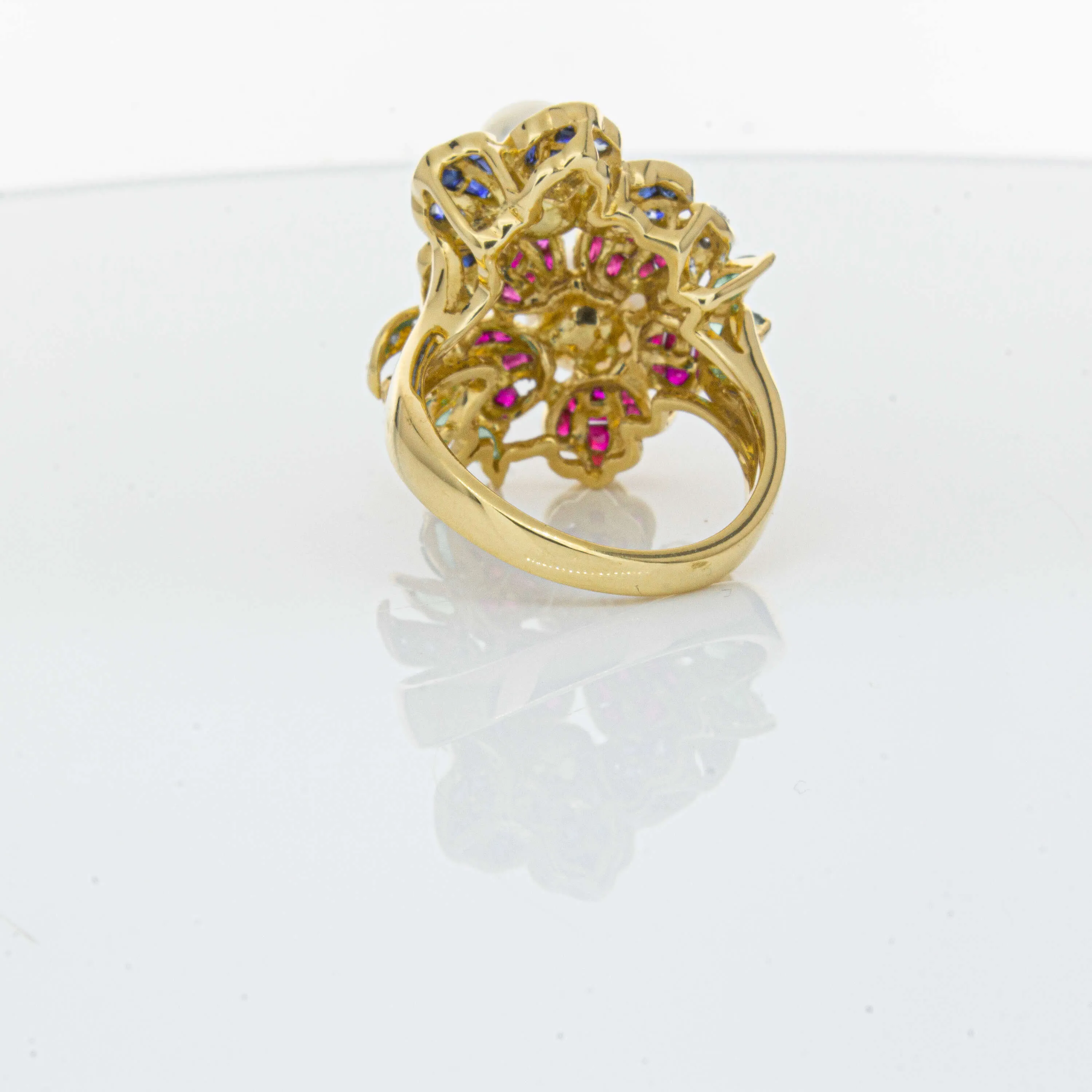 Deja Vu 18ct Yellow Gold Pearl & Multi Gem Floral Ring