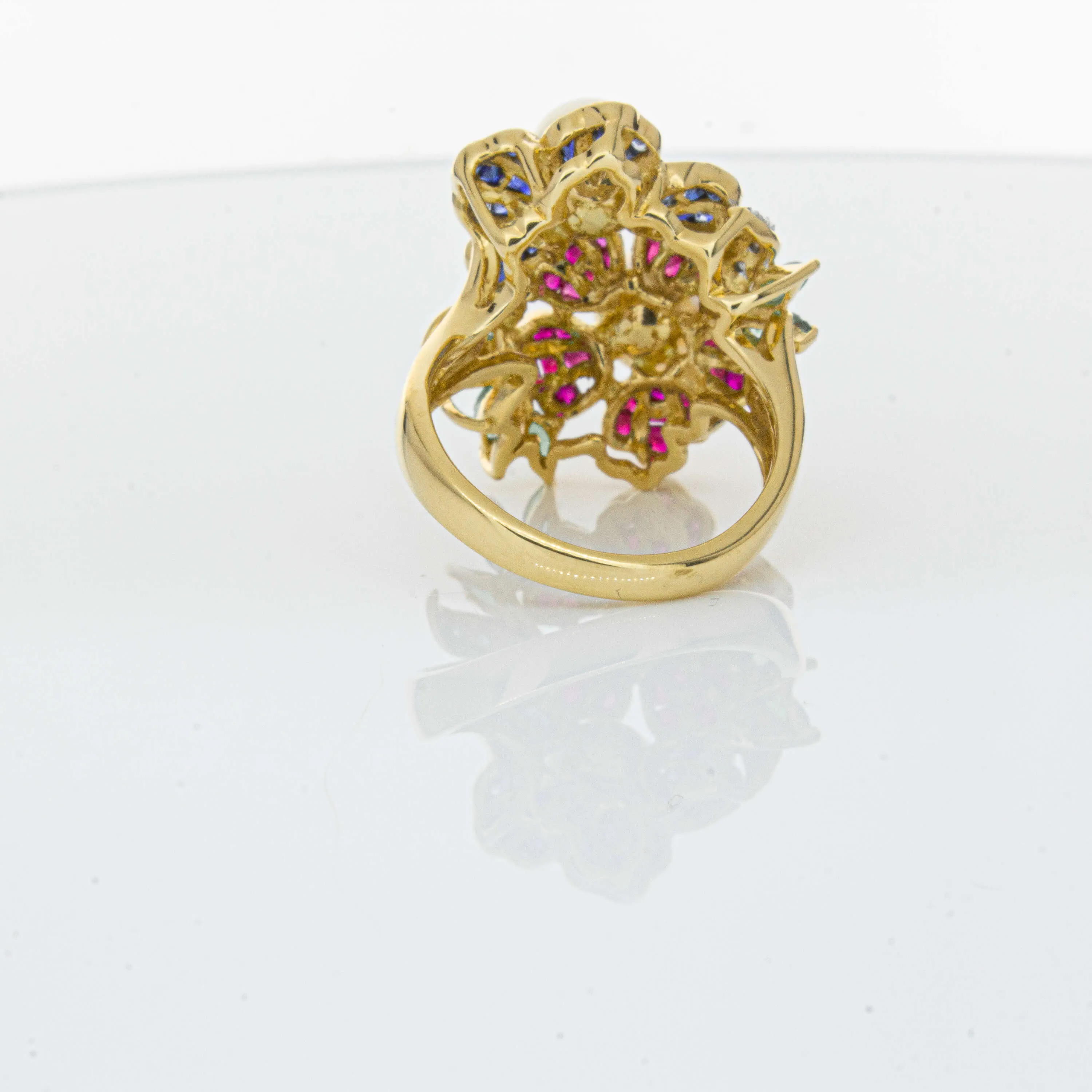Deja Vu 18ct Yellow Gold Pearl & Multi Gem Floral Ring