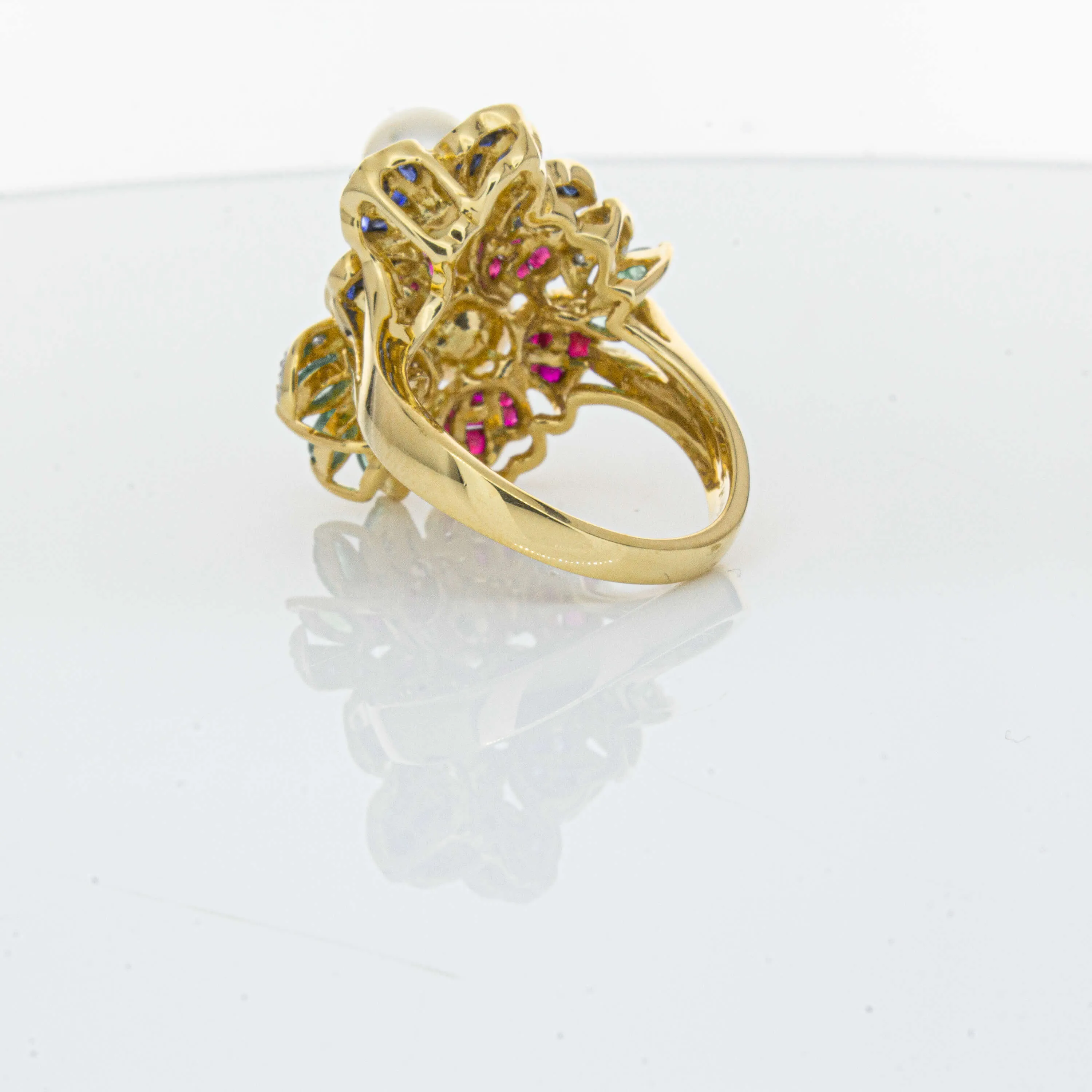 Deja Vu 18ct Yellow Gold Pearl & Multi Gem Floral Ring