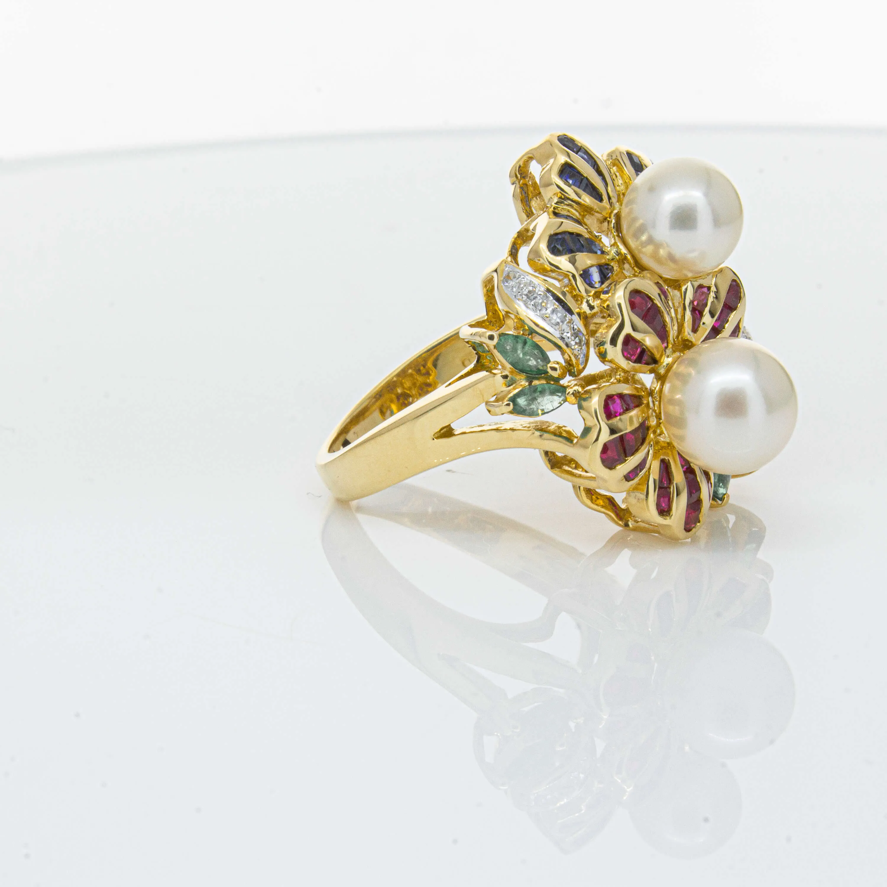 Deja Vu 18ct Yellow Gold Pearl & Multi Gem Floral Ring