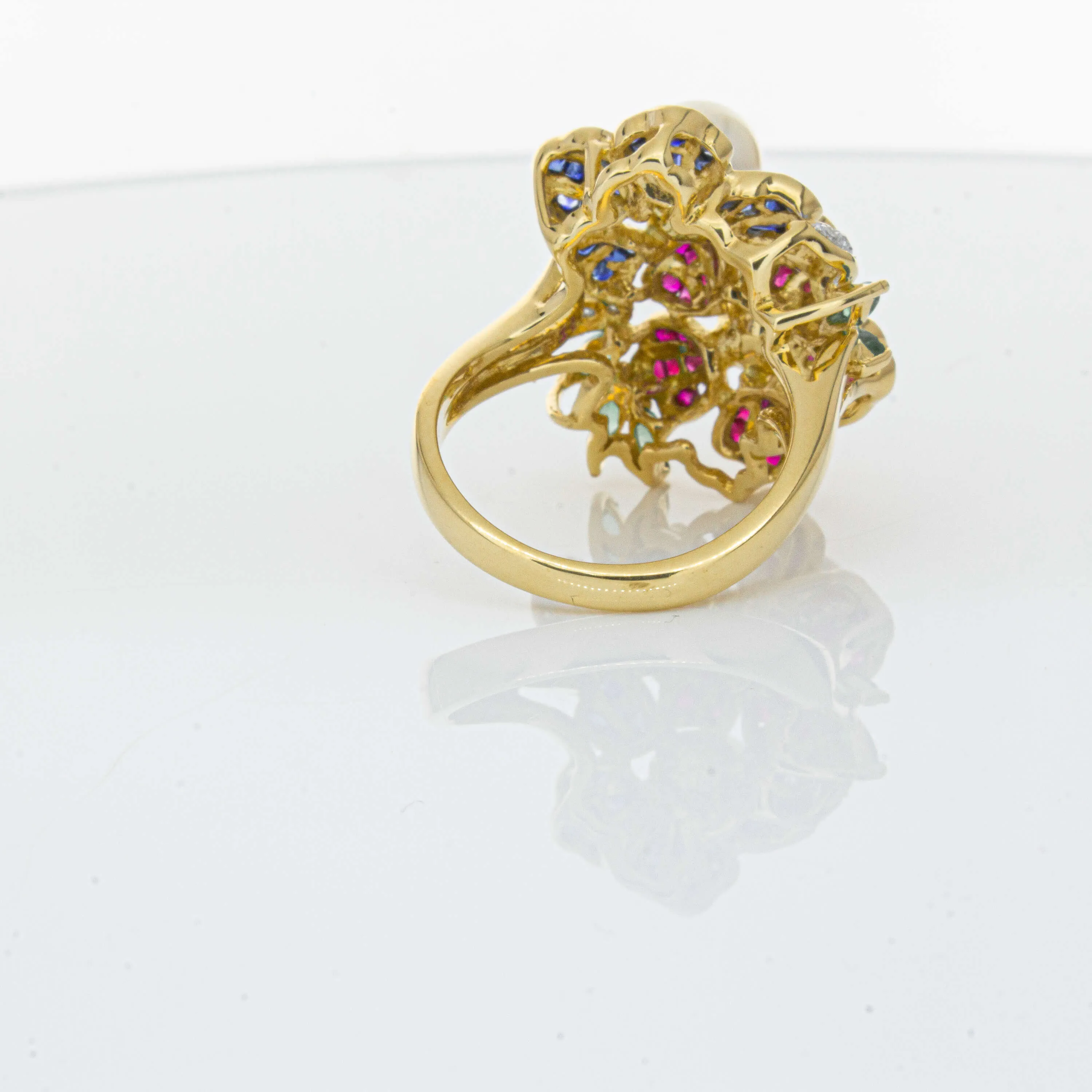Deja Vu 18ct Yellow Gold Pearl & Multi Gem Floral Ring
