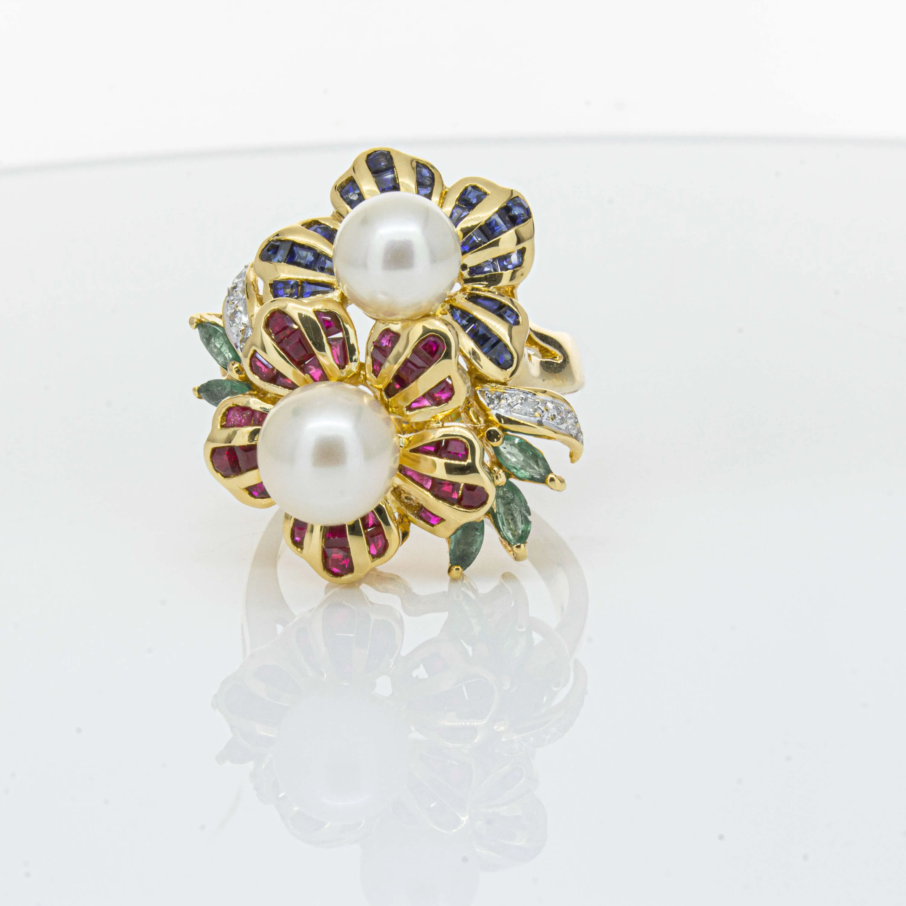 Deja Vu 18ct Yellow Gold Pearl & Multi Gem Floral Ring