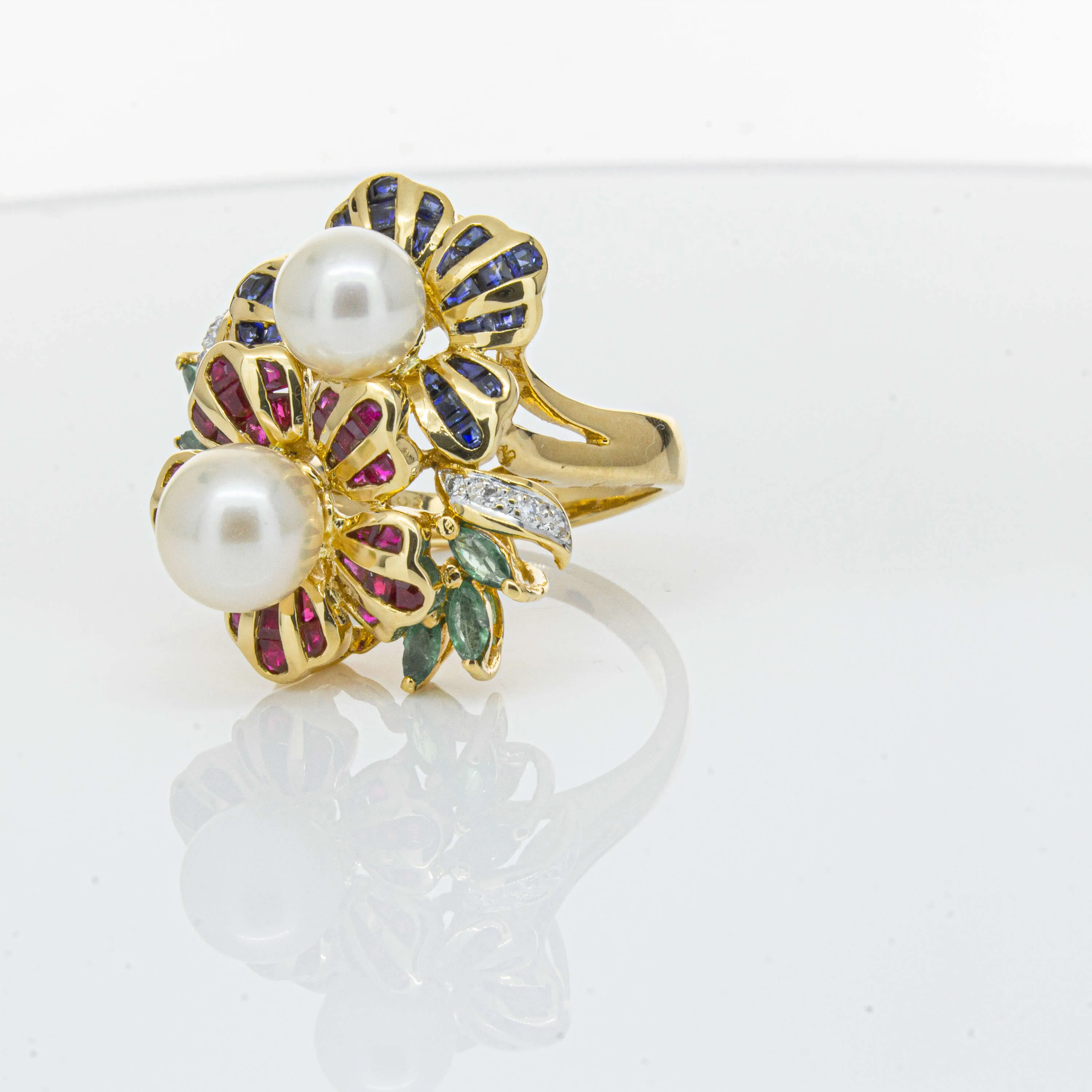 Deja Vu 18ct Yellow Gold Pearl & Multi Gem Floral Ring