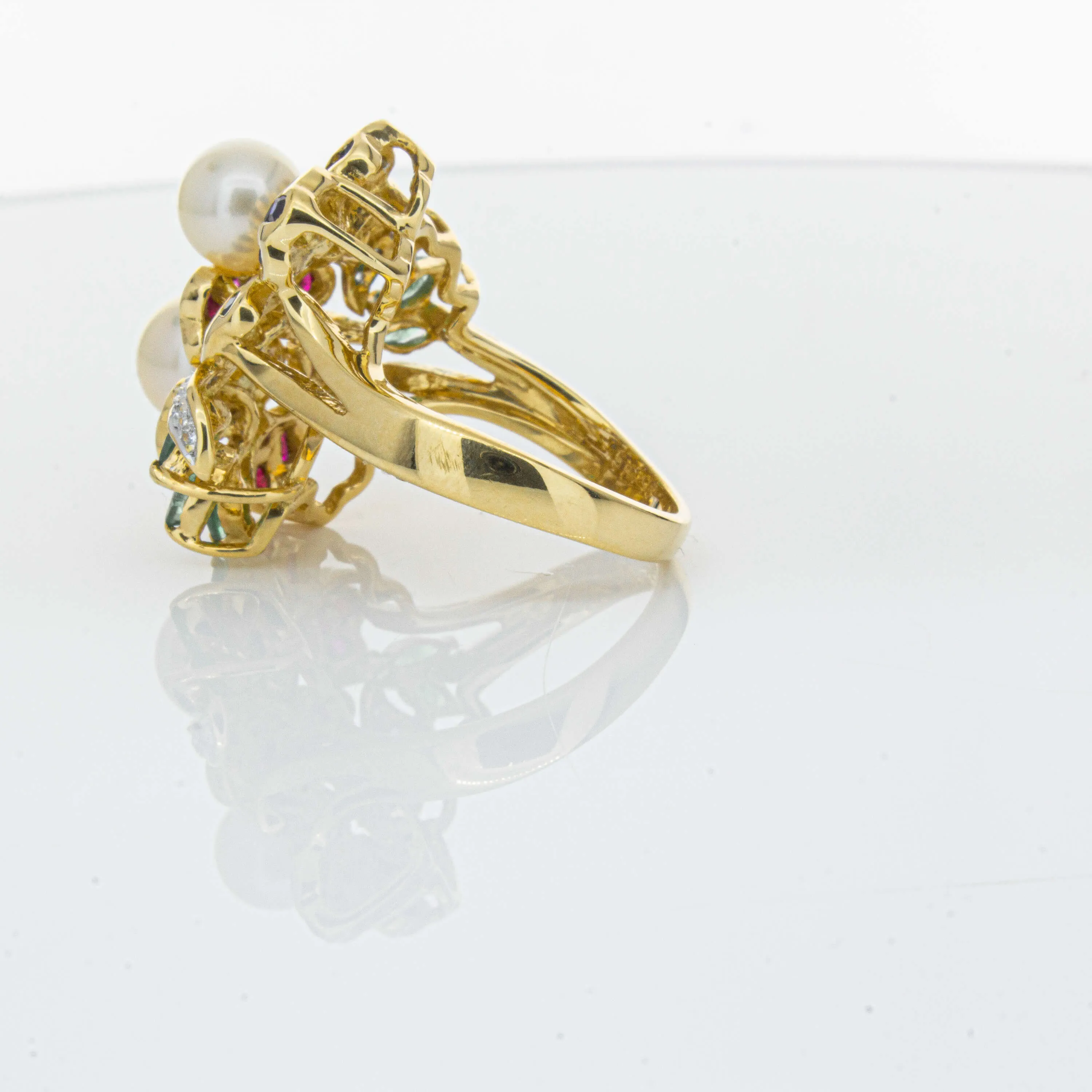 Deja Vu 18ct Yellow Gold Pearl & Multi Gem Floral Ring