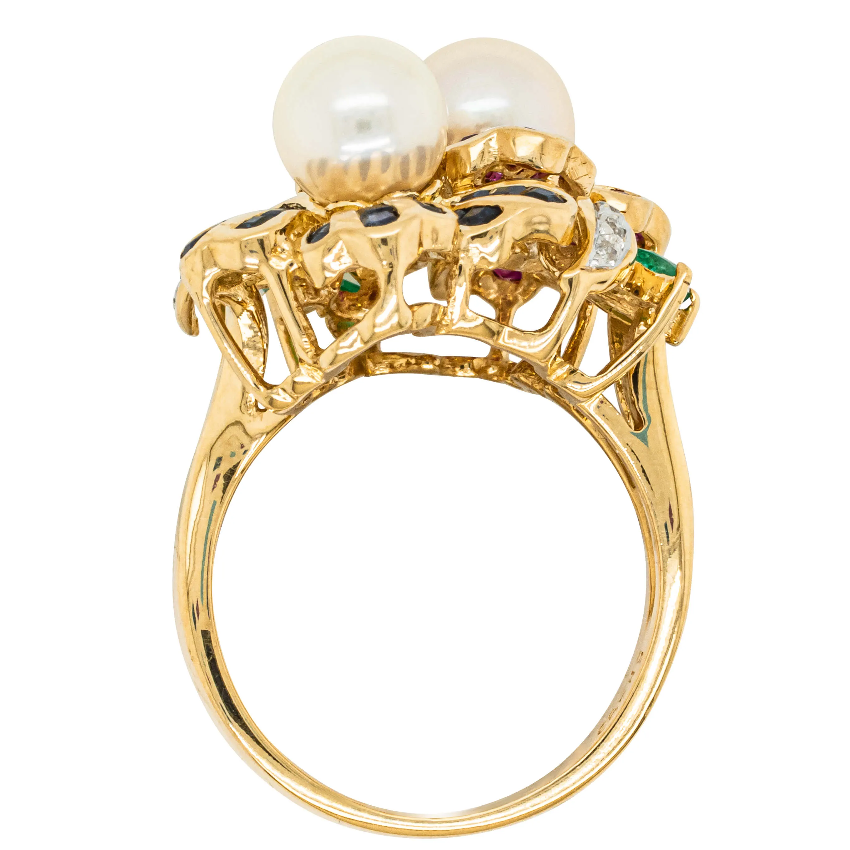 Deja Vu 18ct Yellow Gold Pearl & Multi Gem Floral Ring
