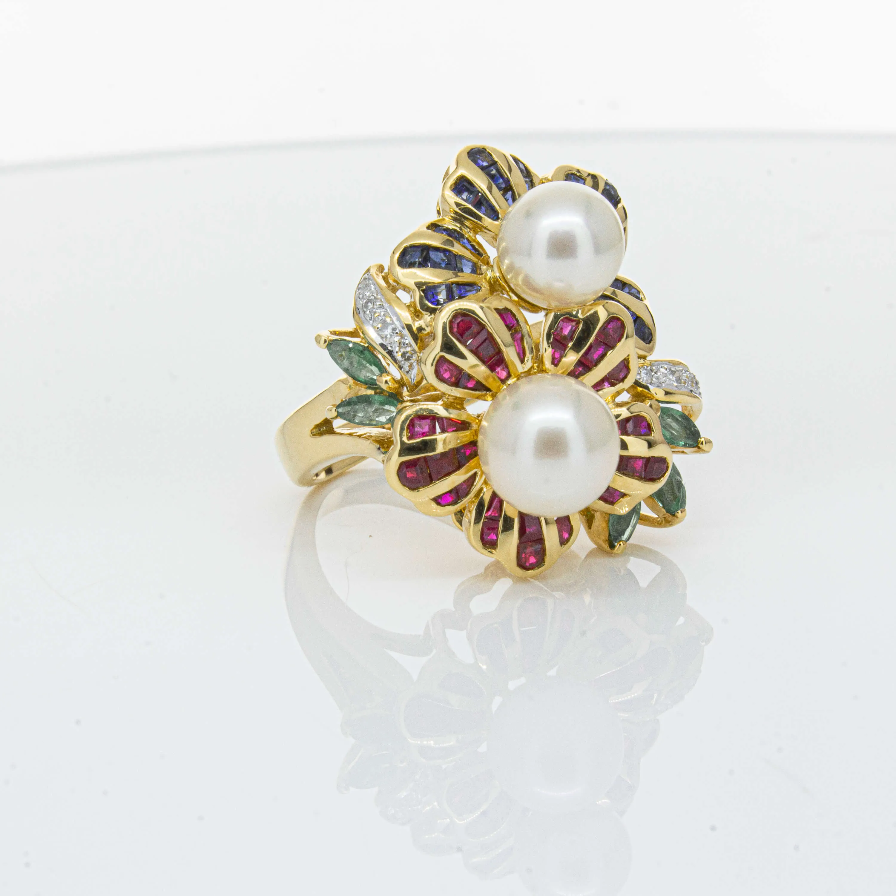 Deja Vu 18ct Yellow Gold Pearl & Multi Gem Floral Ring