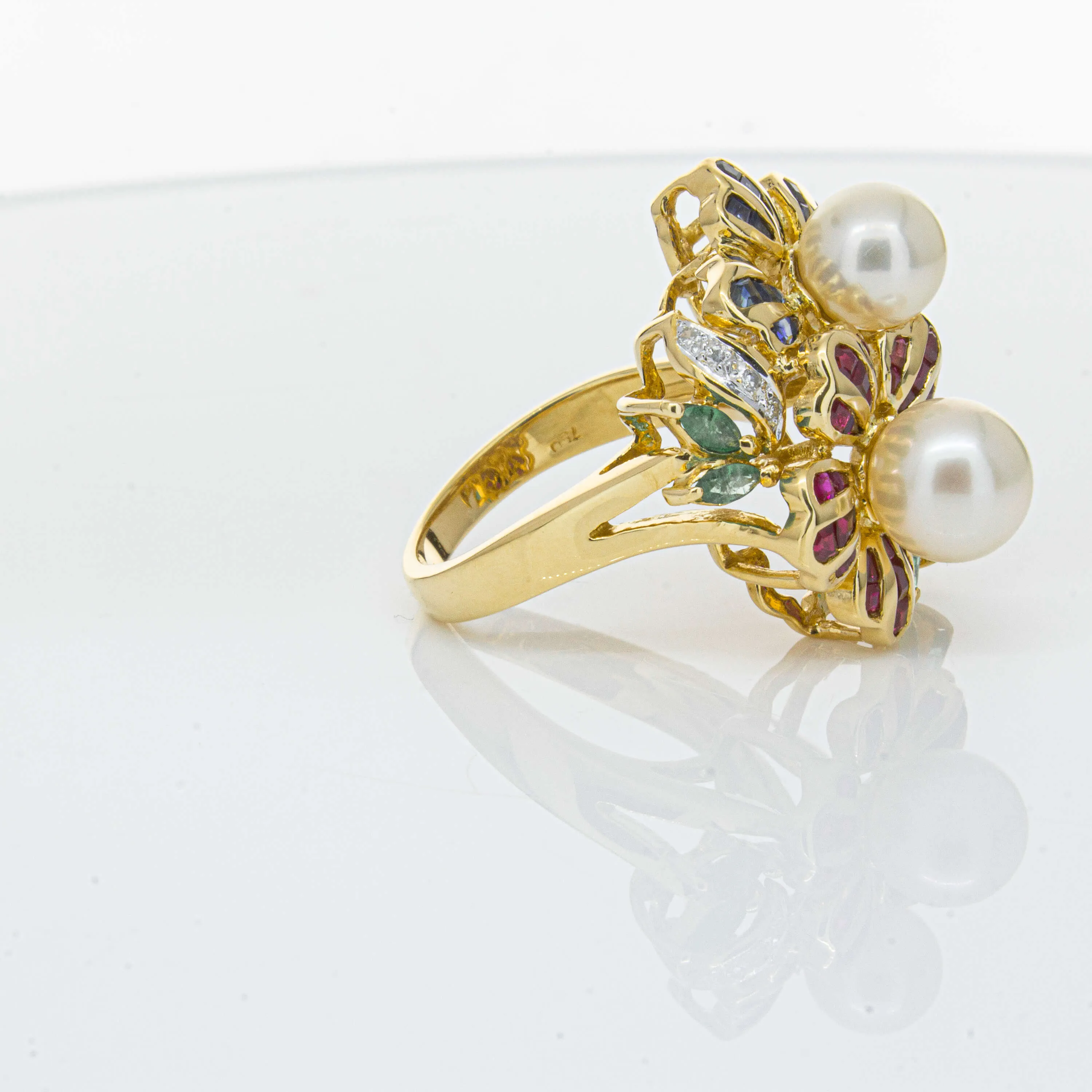 Deja Vu 18ct Yellow Gold Pearl & Multi Gem Floral Ring