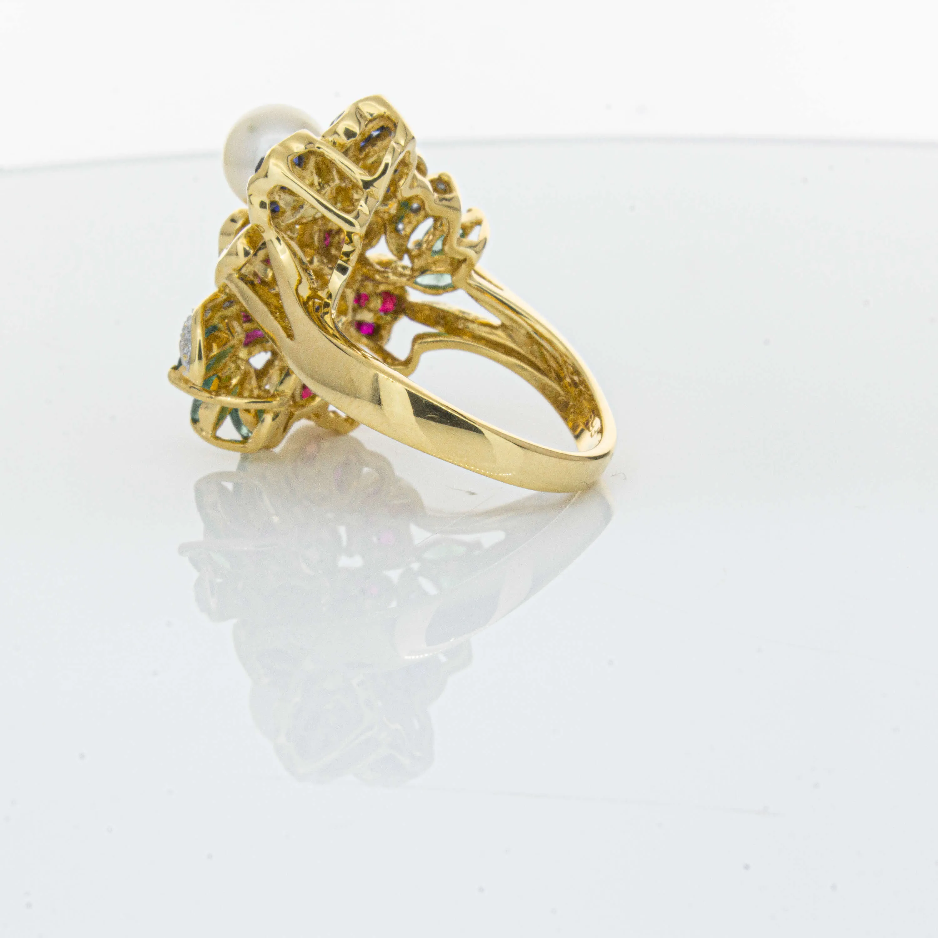 Deja Vu 18ct Yellow Gold Pearl & Multi Gem Floral Ring