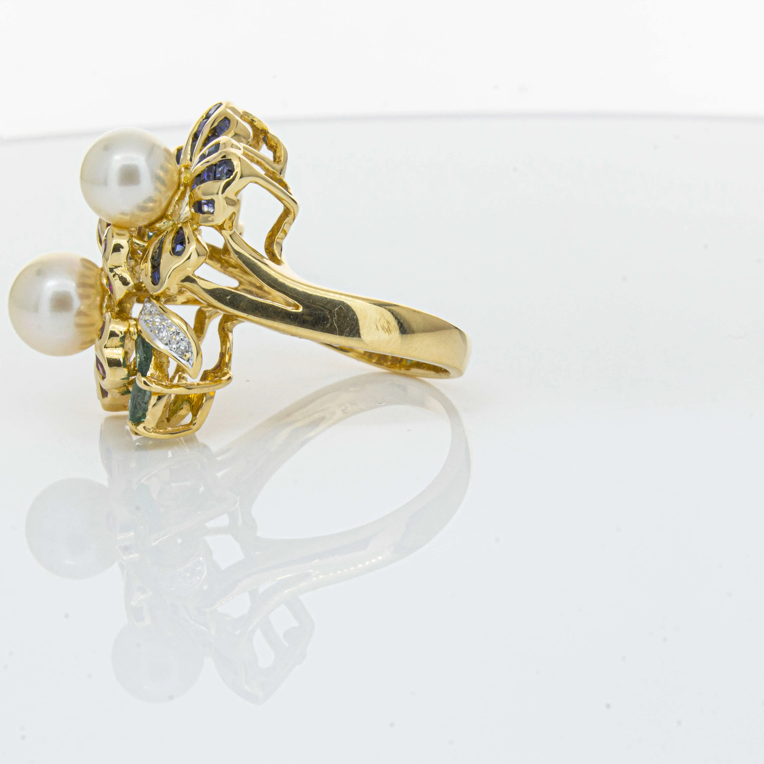 Deja Vu 18ct Yellow Gold Pearl & Multi Gem Floral Ring