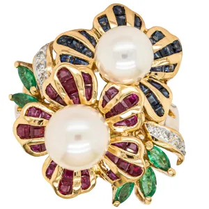Deja Vu 18ct Yellow Gold Pearl & Multi Gem Floral Ring