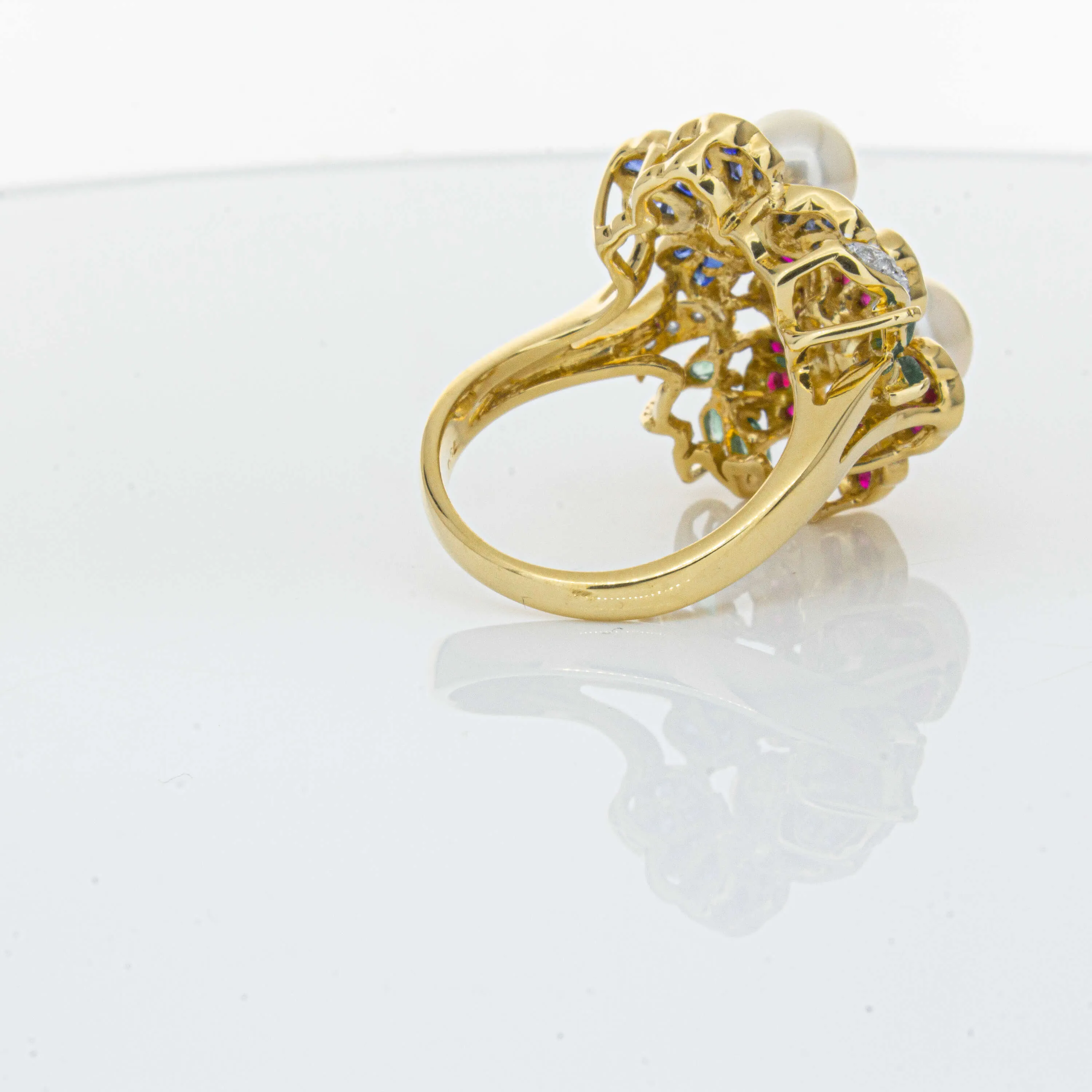 Deja Vu 18ct Yellow Gold Pearl & Multi Gem Floral Ring