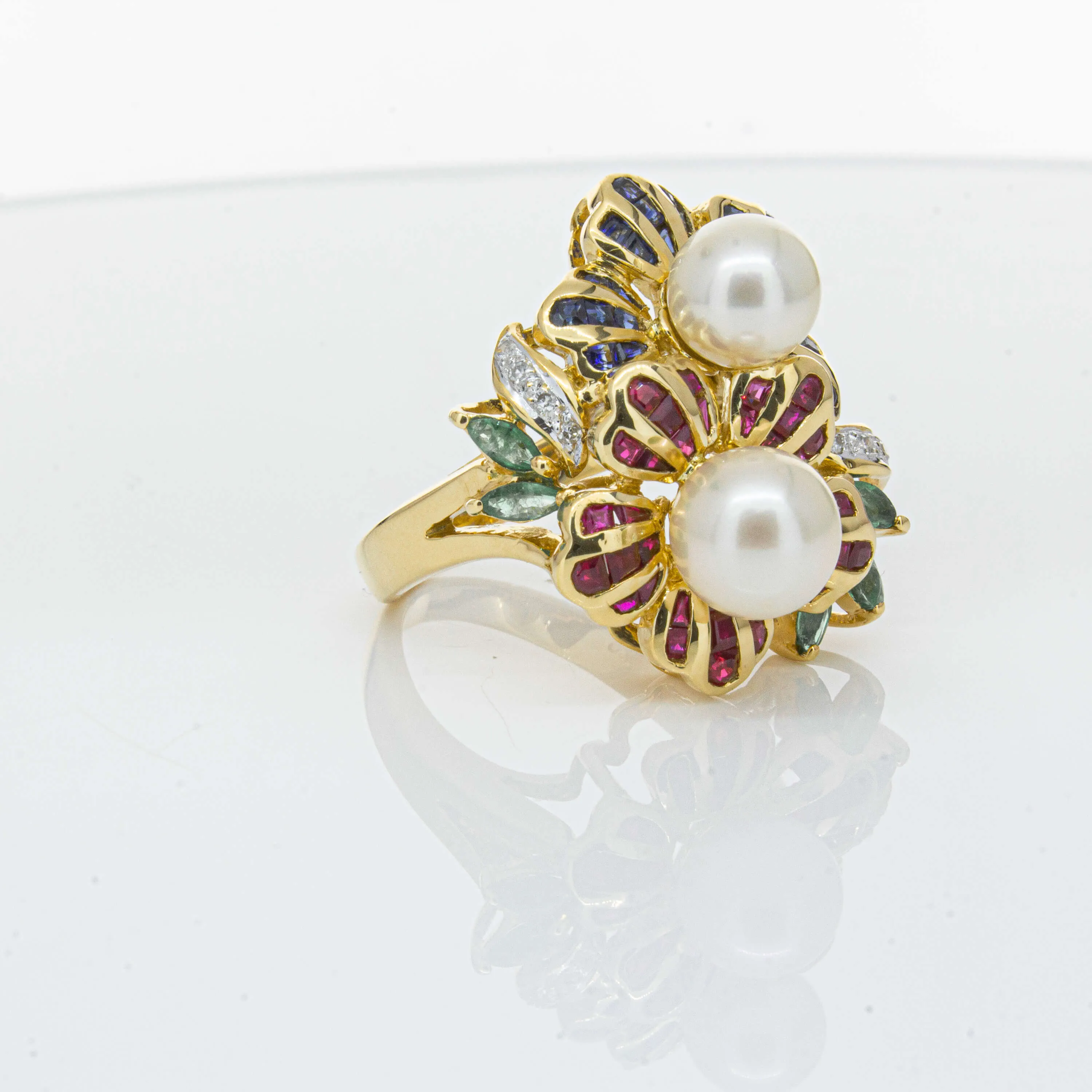 Deja Vu 18ct Yellow Gold Pearl & Multi Gem Floral Ring