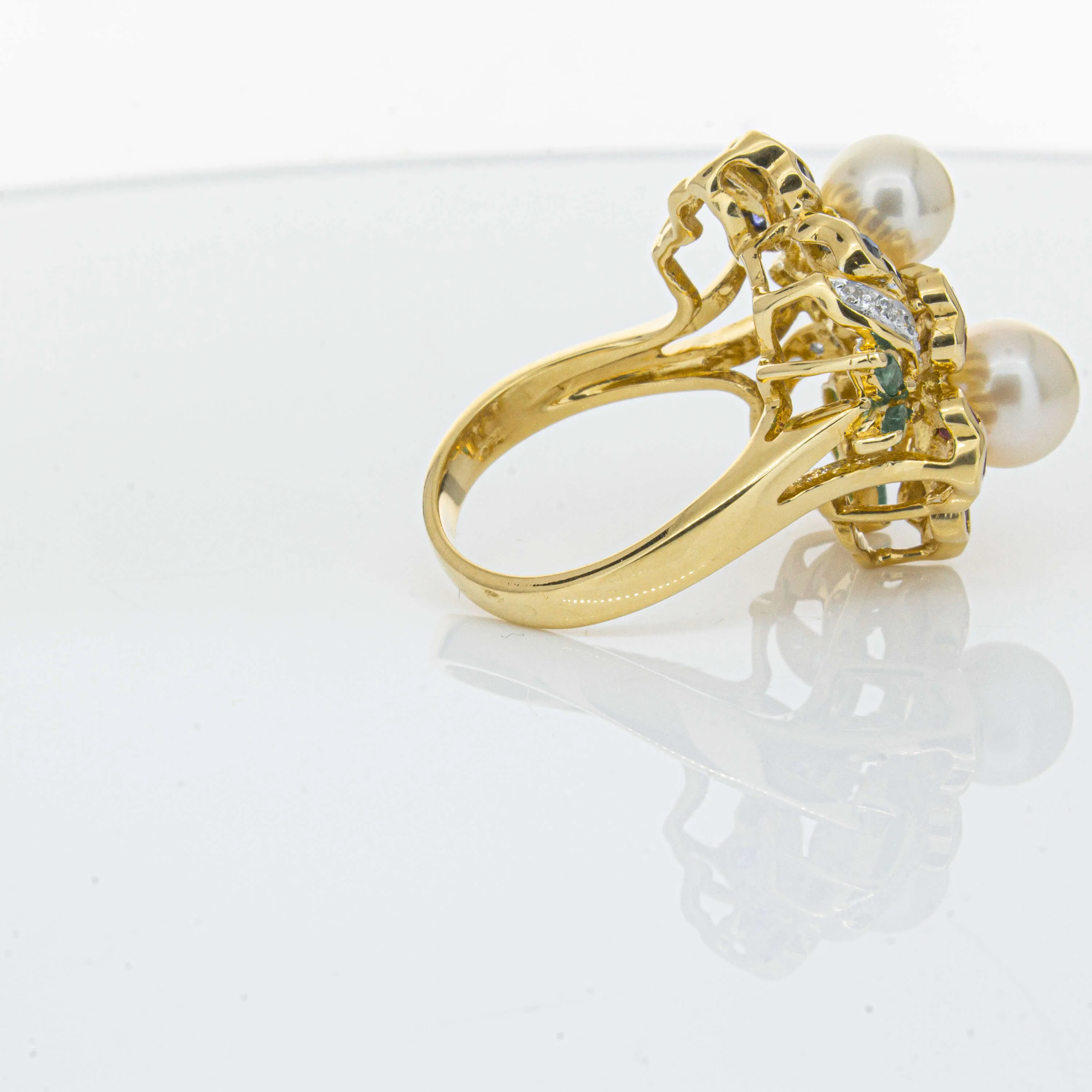 Deja Vu 18ct Yellow Gold Pearl & Multi Gem Floral Ring