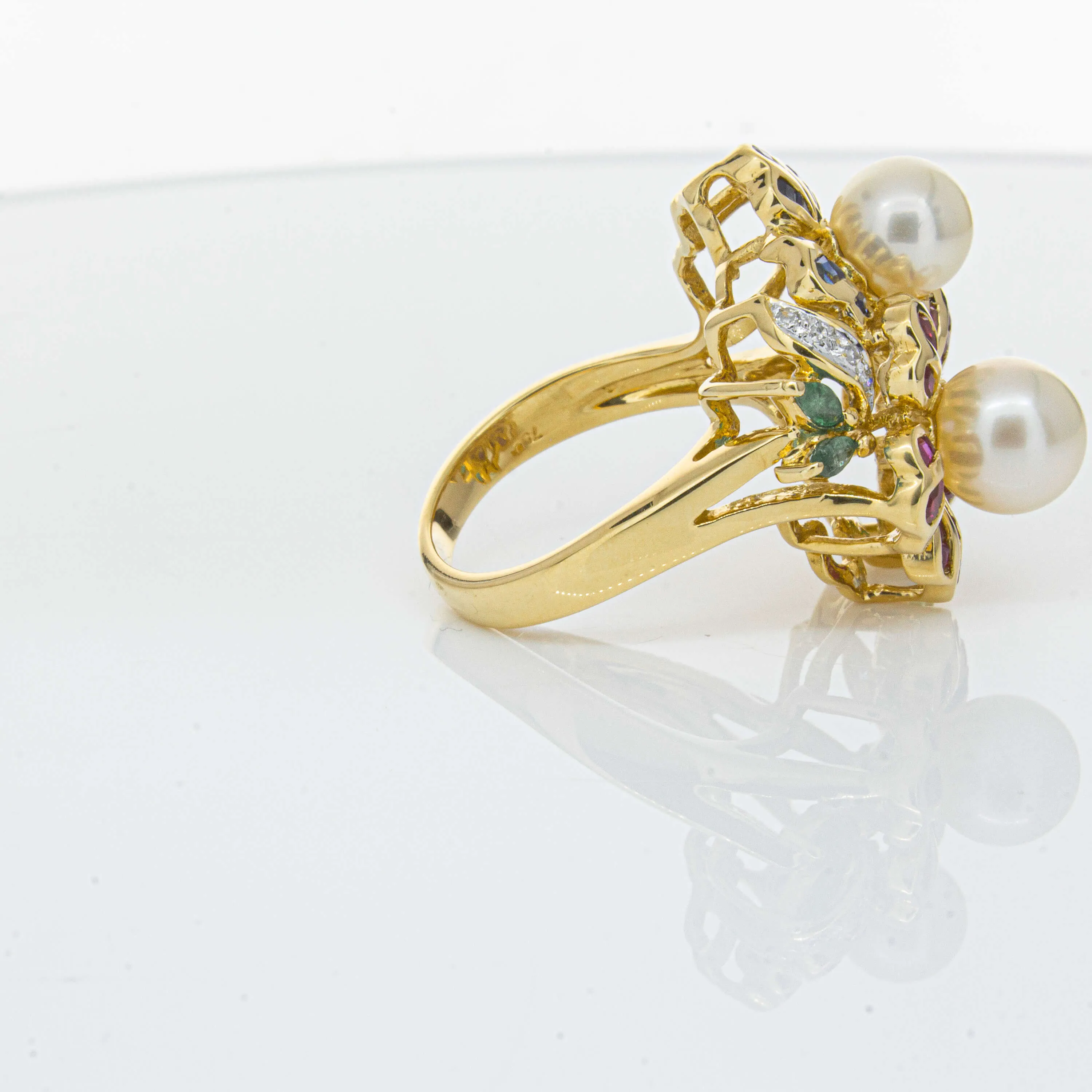 Deja Vu 18ct Yellow Gold Pearl & Multi Gem Floral Ring
