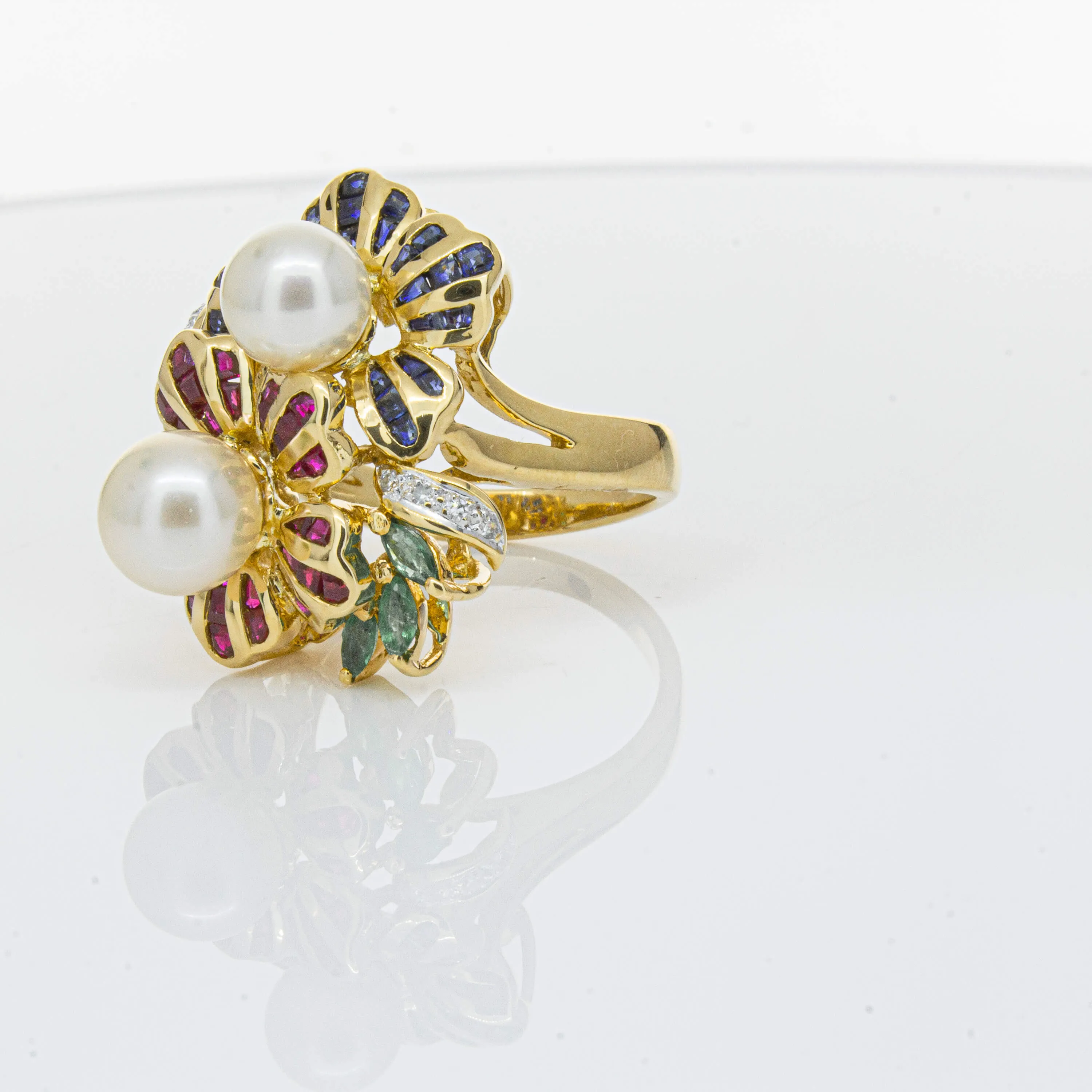 Deja Vu 18ct Yellow Gold Pearl & Multi Gem Floral Ring