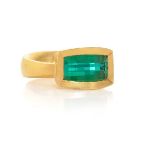 Devta Doolan One of a Kind Geometric Grid Bluish-Green Tourmaline Gold Ring