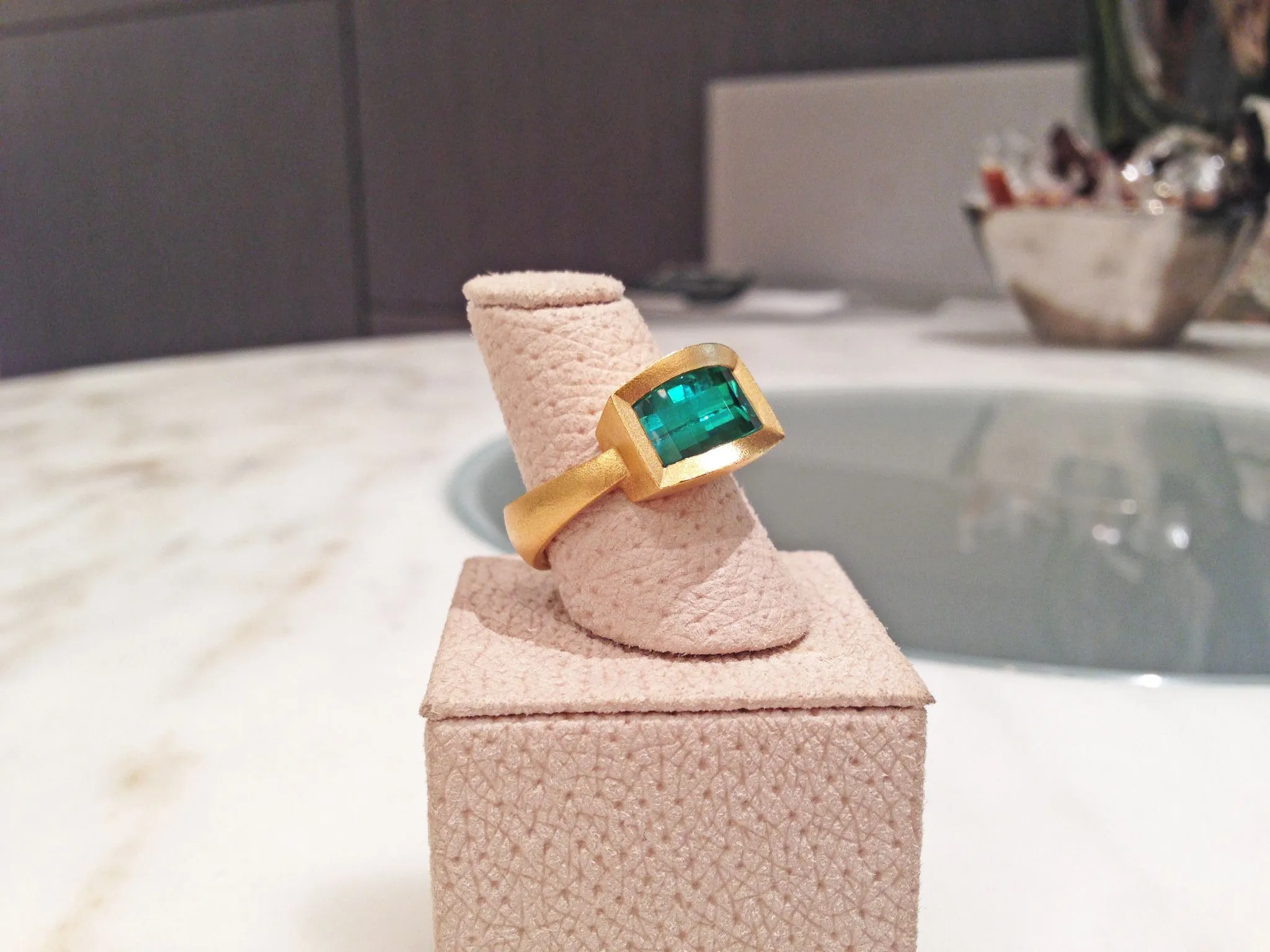 Devta Doolan One of a Kind Geometric Grid Bluish-Green Tourmaline Gold Ring