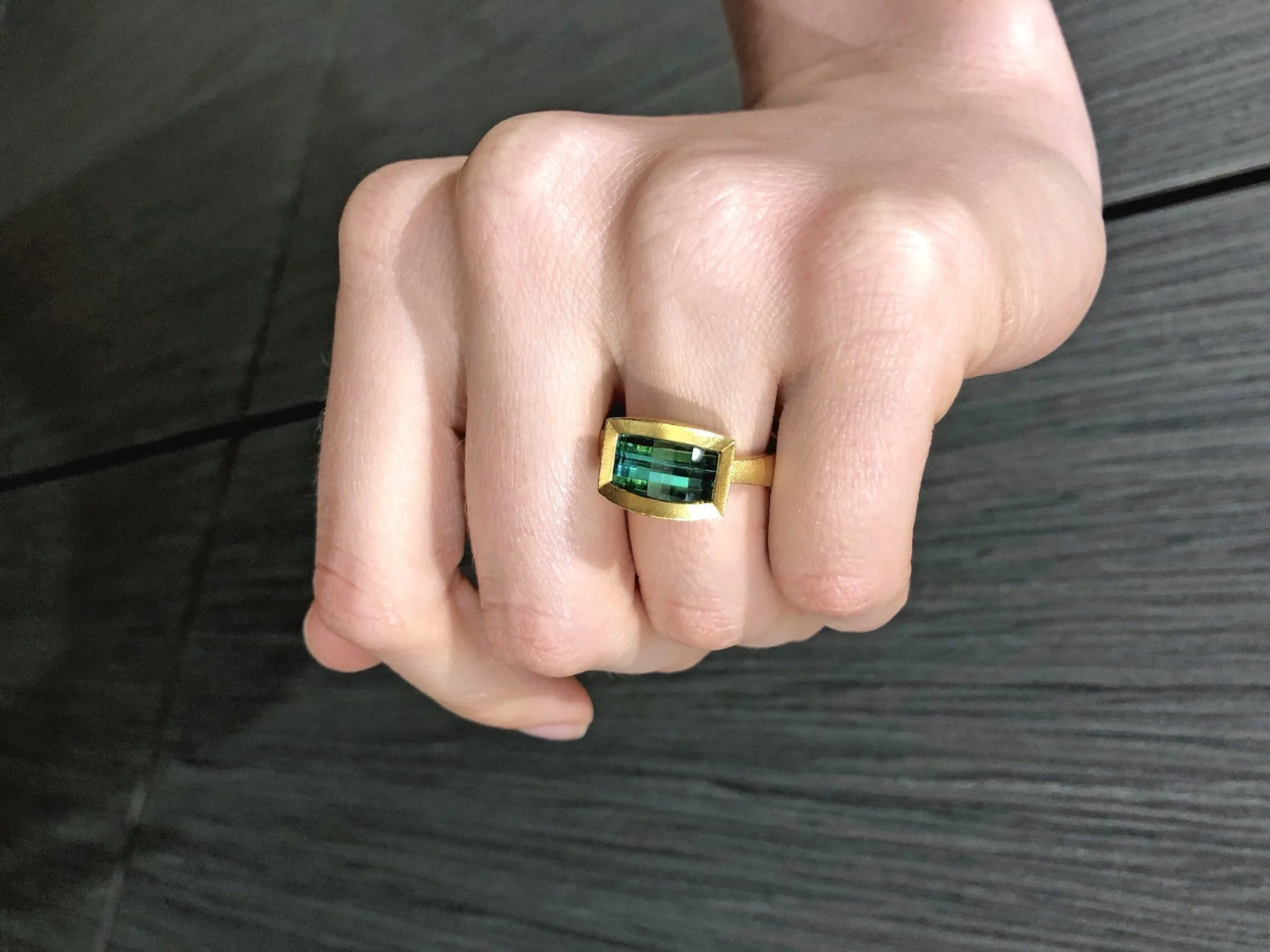 Devta Doolan One of a Kind Geometric Grid Bluish-Green Tourmaline Gold Ring