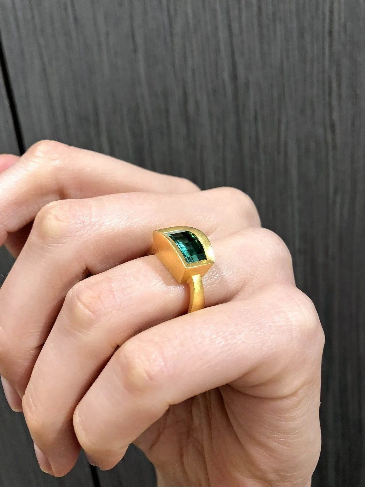 Devta Doolan One of a Kind Geometric Grid Bluish-Green Tourmaline Gold Ring