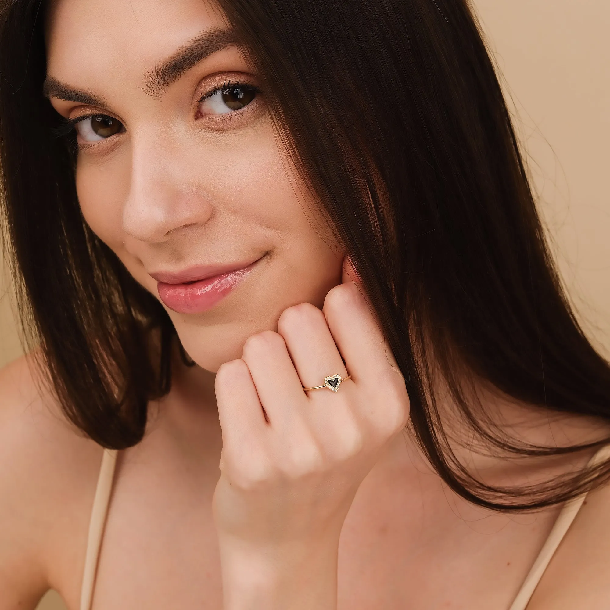 Diamond & Black Enamel Heart Ring, Lilliana