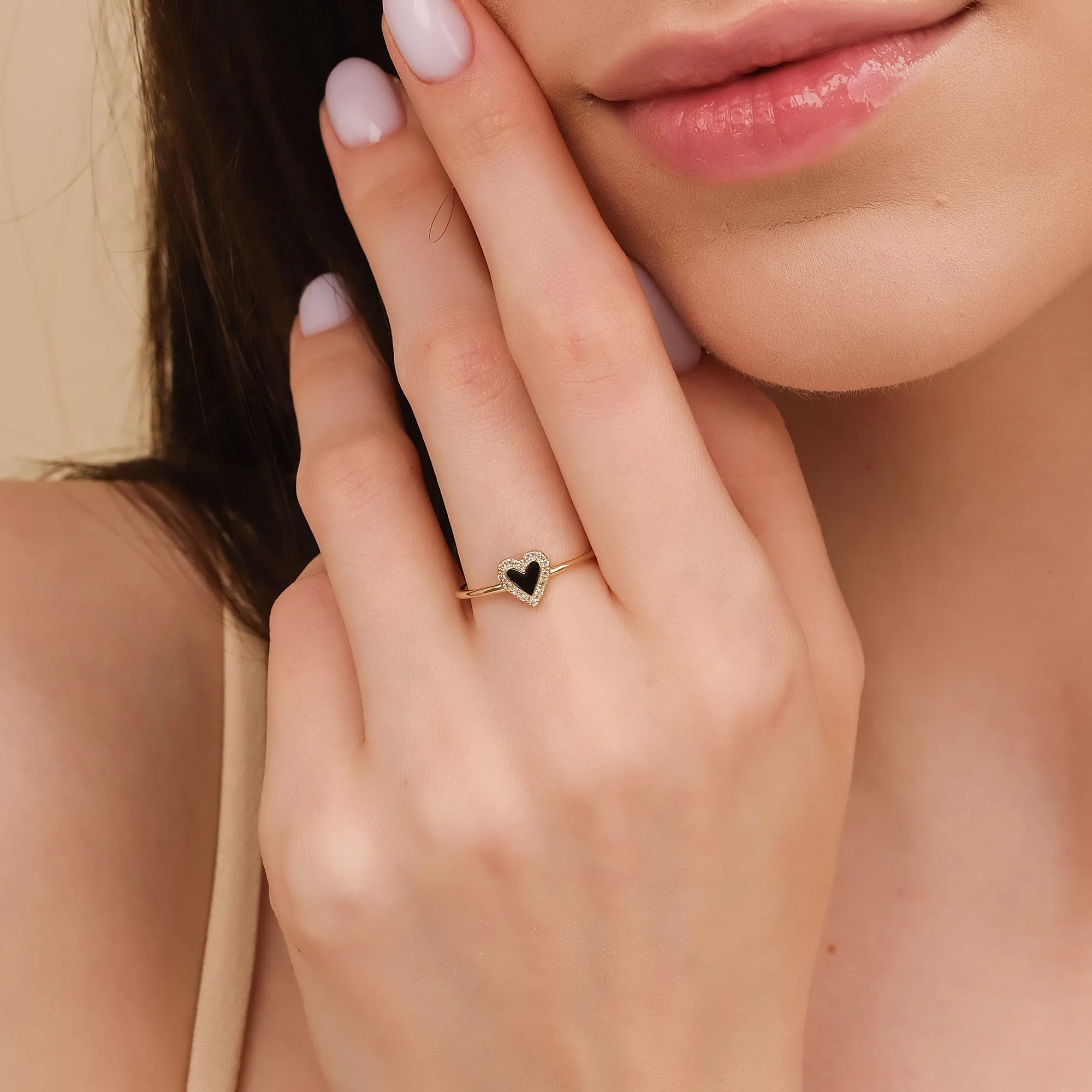 Diamond & Black Enamel Heart Ring, Lilliana