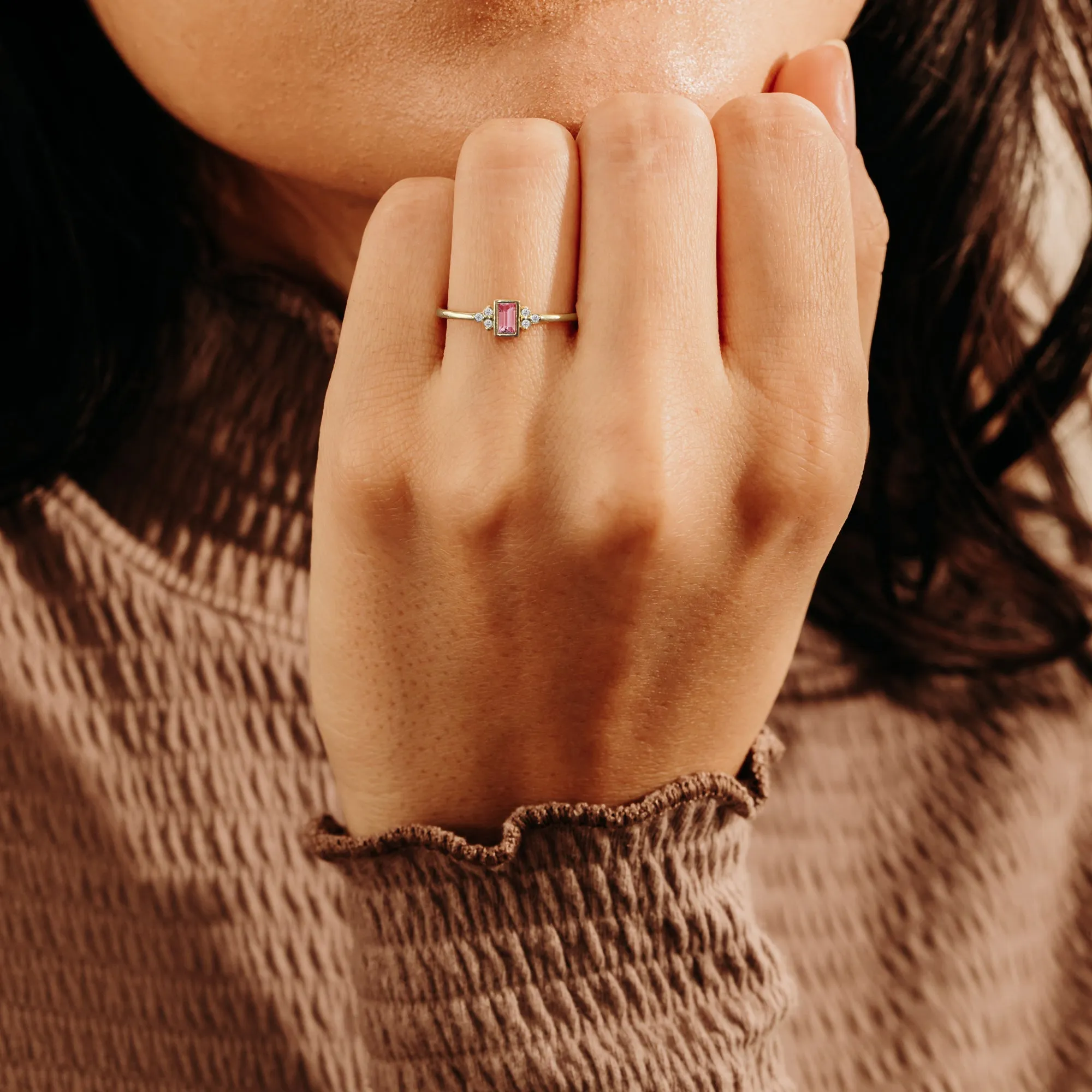 Diamond and Baguette Pink Sapphire Ring, Caresha