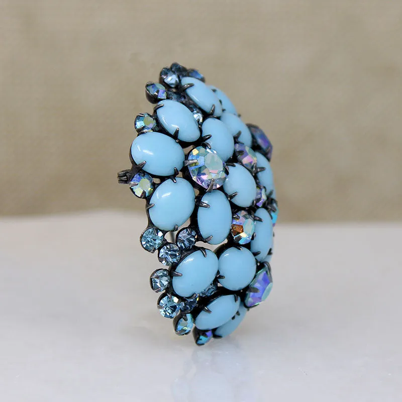 Domed Blue Stone Forget-Me-Not Costume Brooch