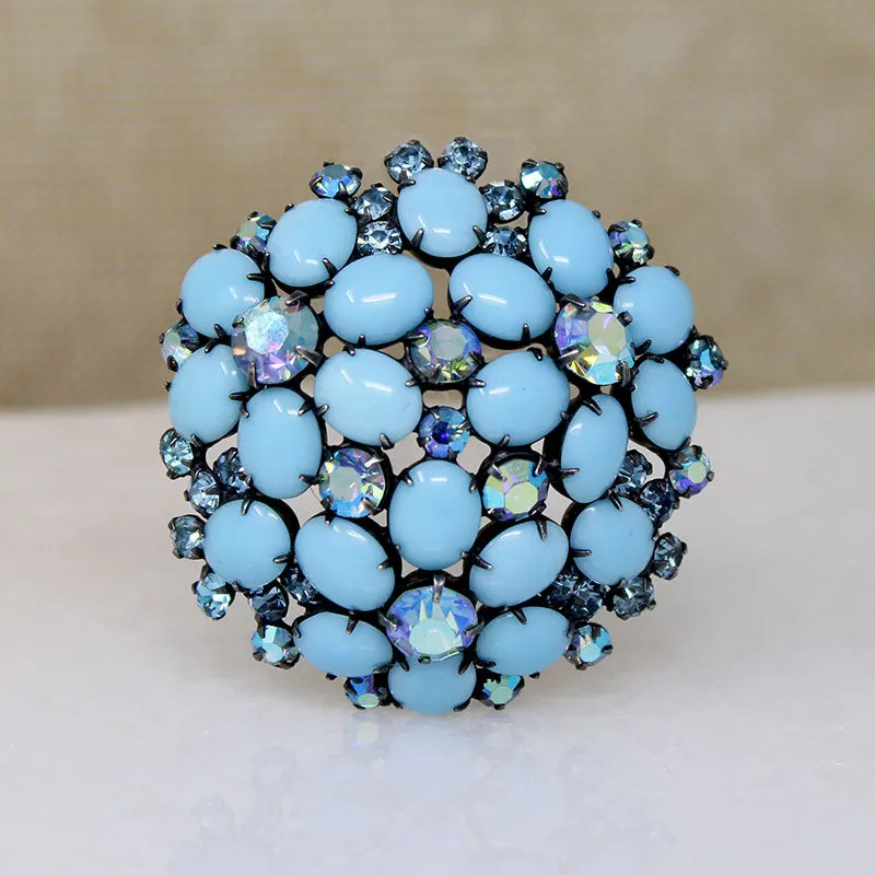 Domed Blue Stone Forget-Me-Not Costume Brooch