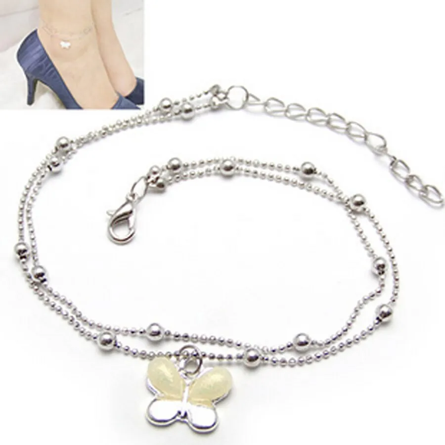 double deck rhinestone butterfly pendant alloy anklets for women