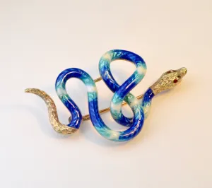 Enamel-covered Serpent Brooch in 14K Yellow Gold with 4 Rubies for Eyes