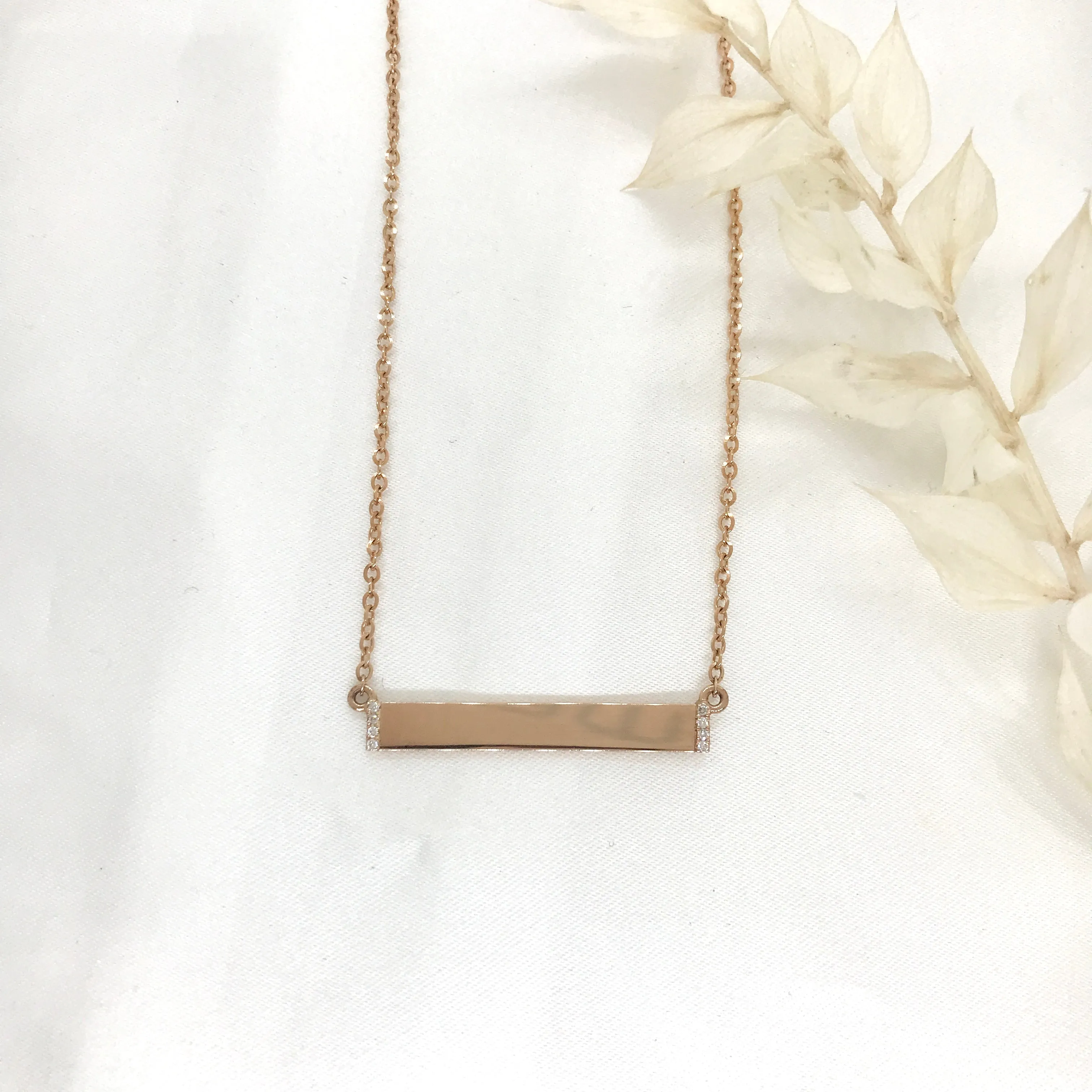 Engravable- 10k Rose Gold Diamond Bar Necklace