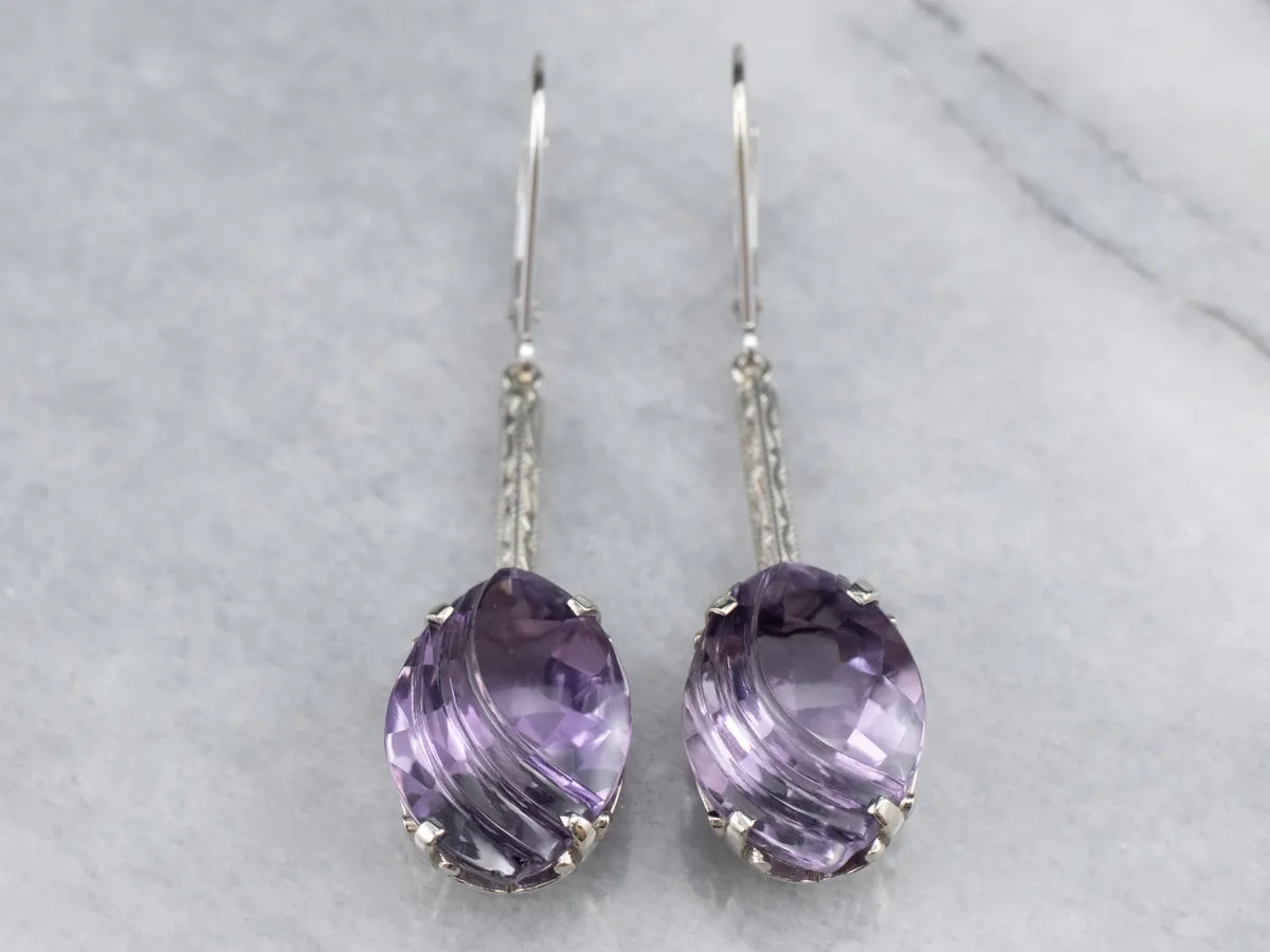 Engraved Bar Drop White Gold Amethyst Earrings