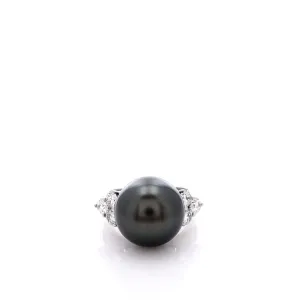 Estate 18k White Gold Diamond 13mm Grey Tahitian Pearl Ring