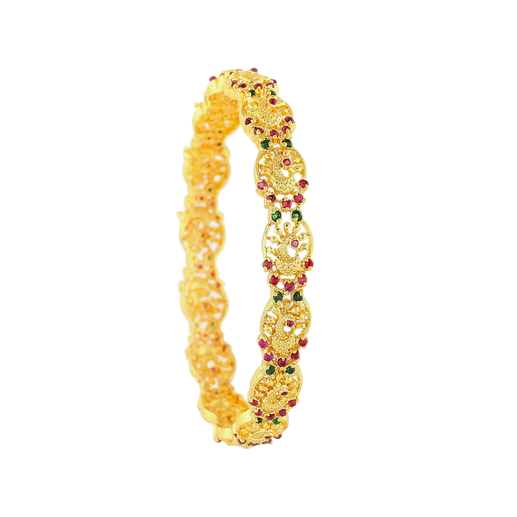 Estele Exquisite Peacock Design Gold-Plated 2:6 Size Bangles with Multi-Color Crystals| Elegant Traditional Jewelry for Women
