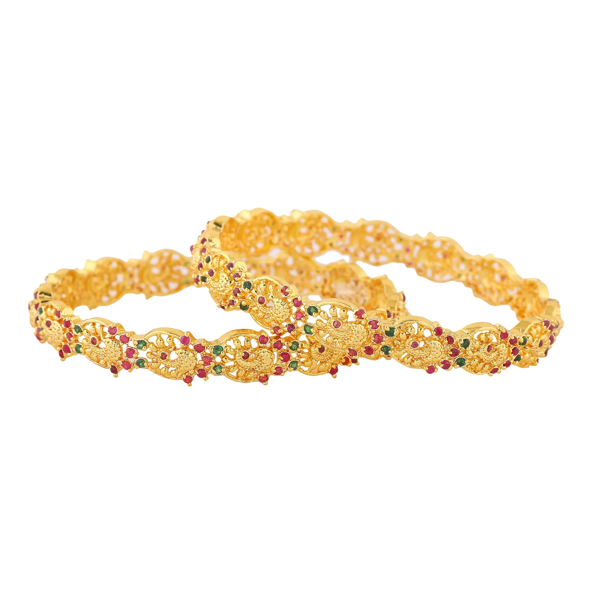 Estele Exquisite Peacock Design Gold-Plated 2:6 Size Bangles with Multi-Color Crystals| Elegant Traditional Jewelry for Women