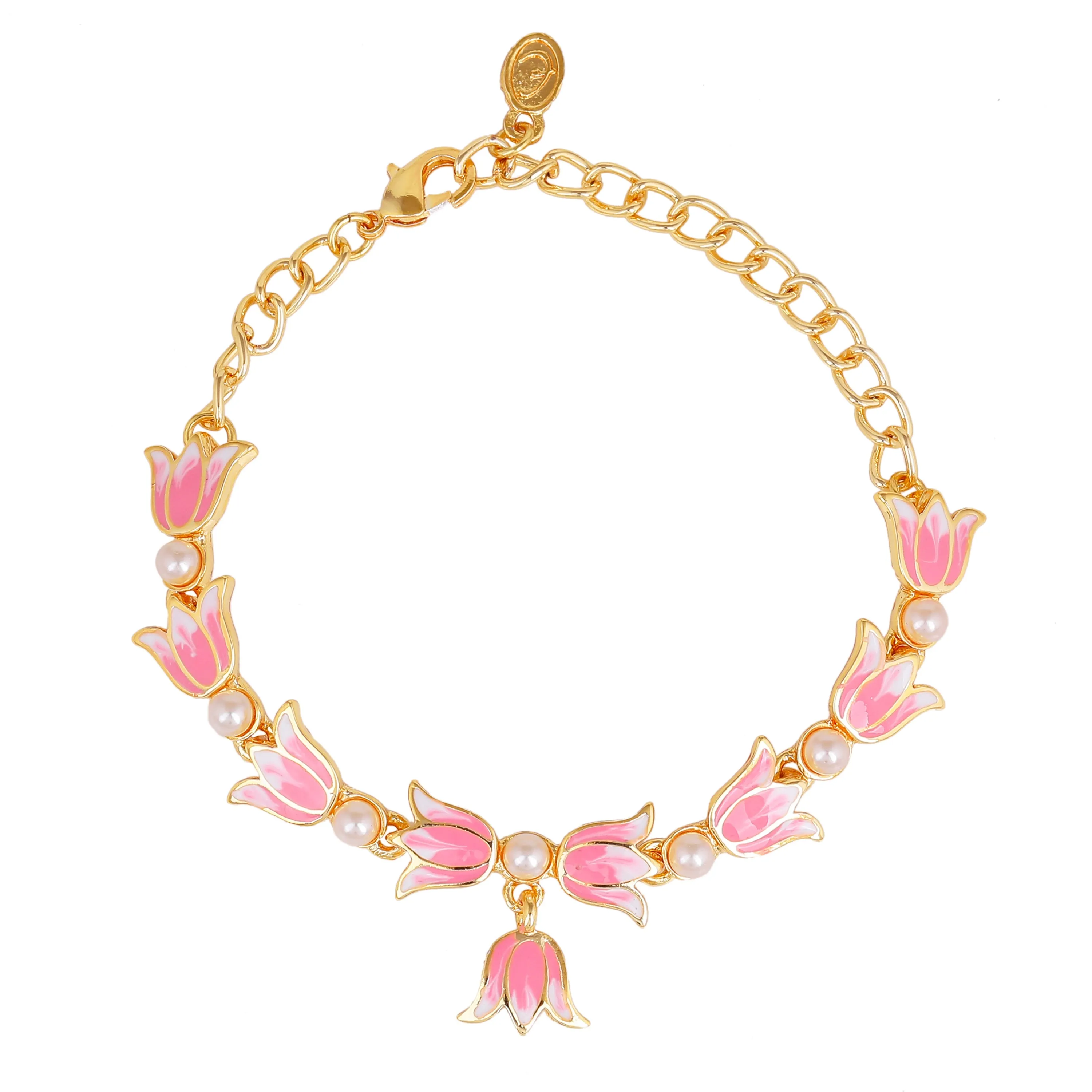 Estele Gold Plated Attractive Lotus Designer Adjustable Link Bracelet with Pearls & Pink Enamel for Girl's & Women