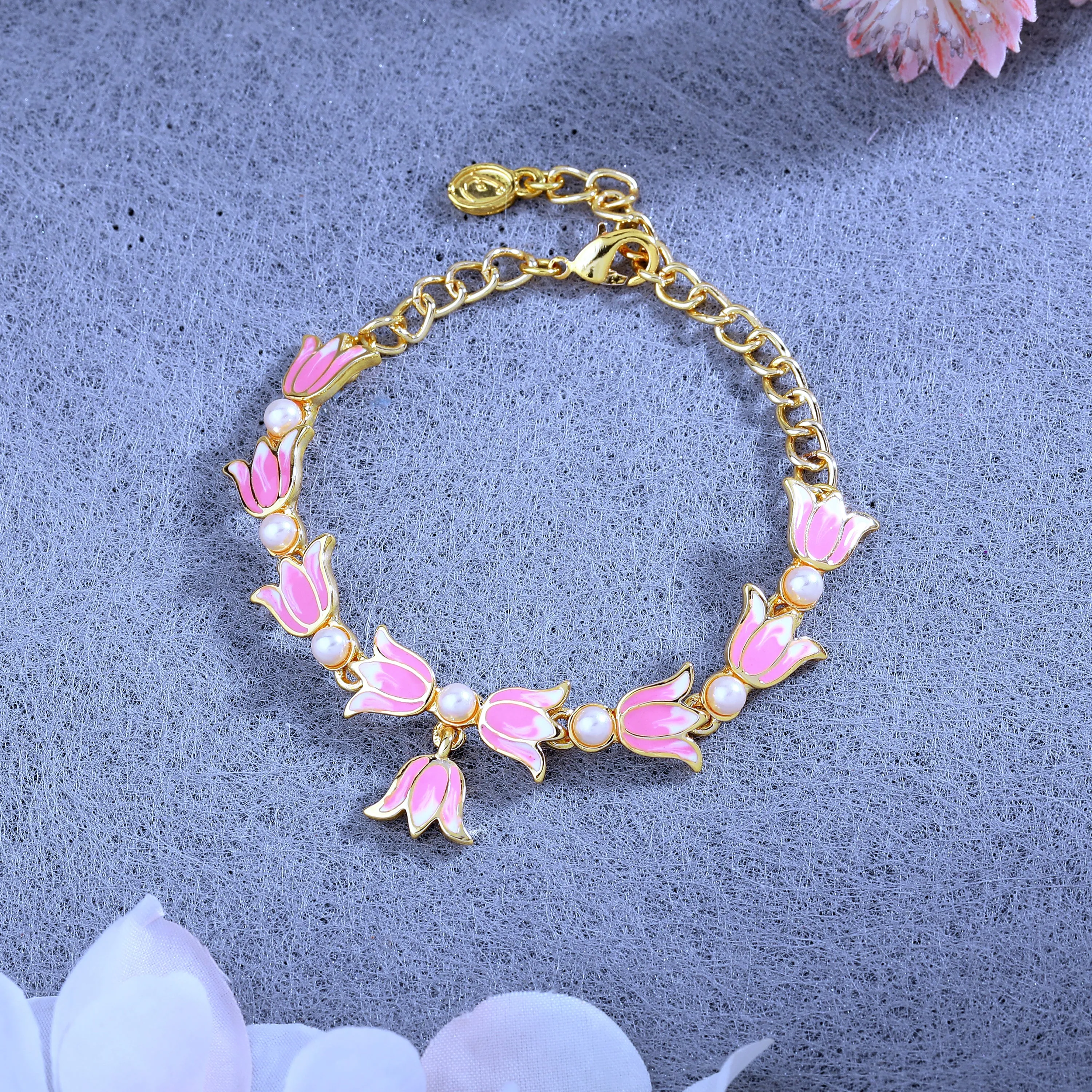Estele Gold Plated Attractive Lotus Designer Adjustable Link Bracelet with Pearls & Pink Enamel for Girl's & Women