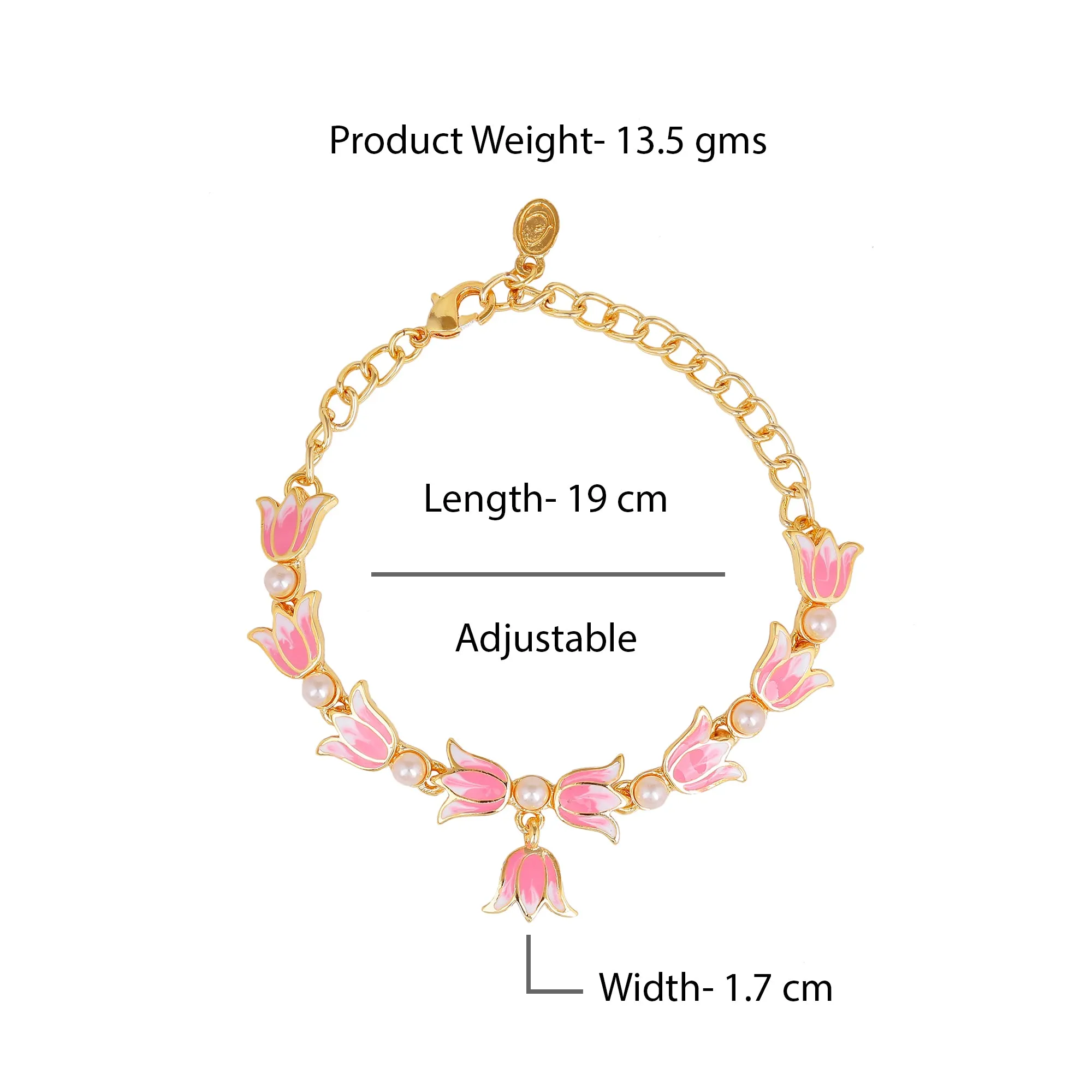 Estele Gold Plated Attractive Lotus Designer Adjustable Link Bracelet with Pearls & Pink Enamel for Girl's & Women