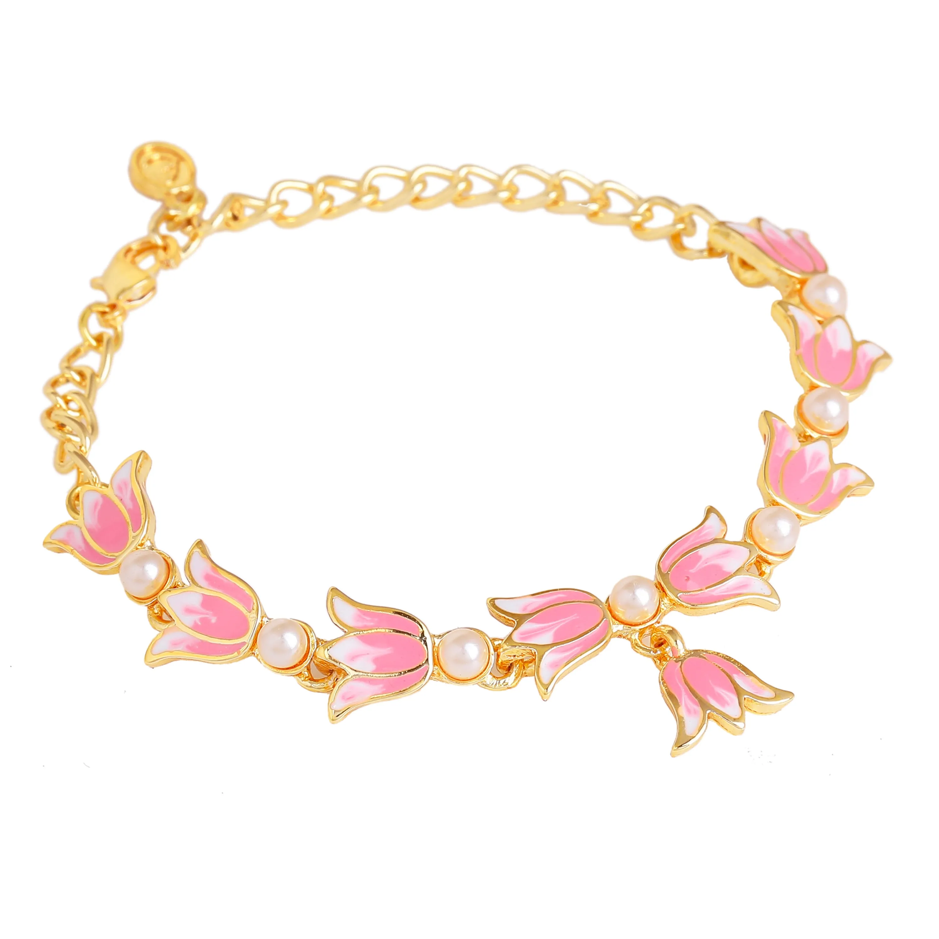Estele Gold Plated Attractive Lotus Designer Adjustable Link Bracelet with Pearls & Pink Enamel for Girl's & Women