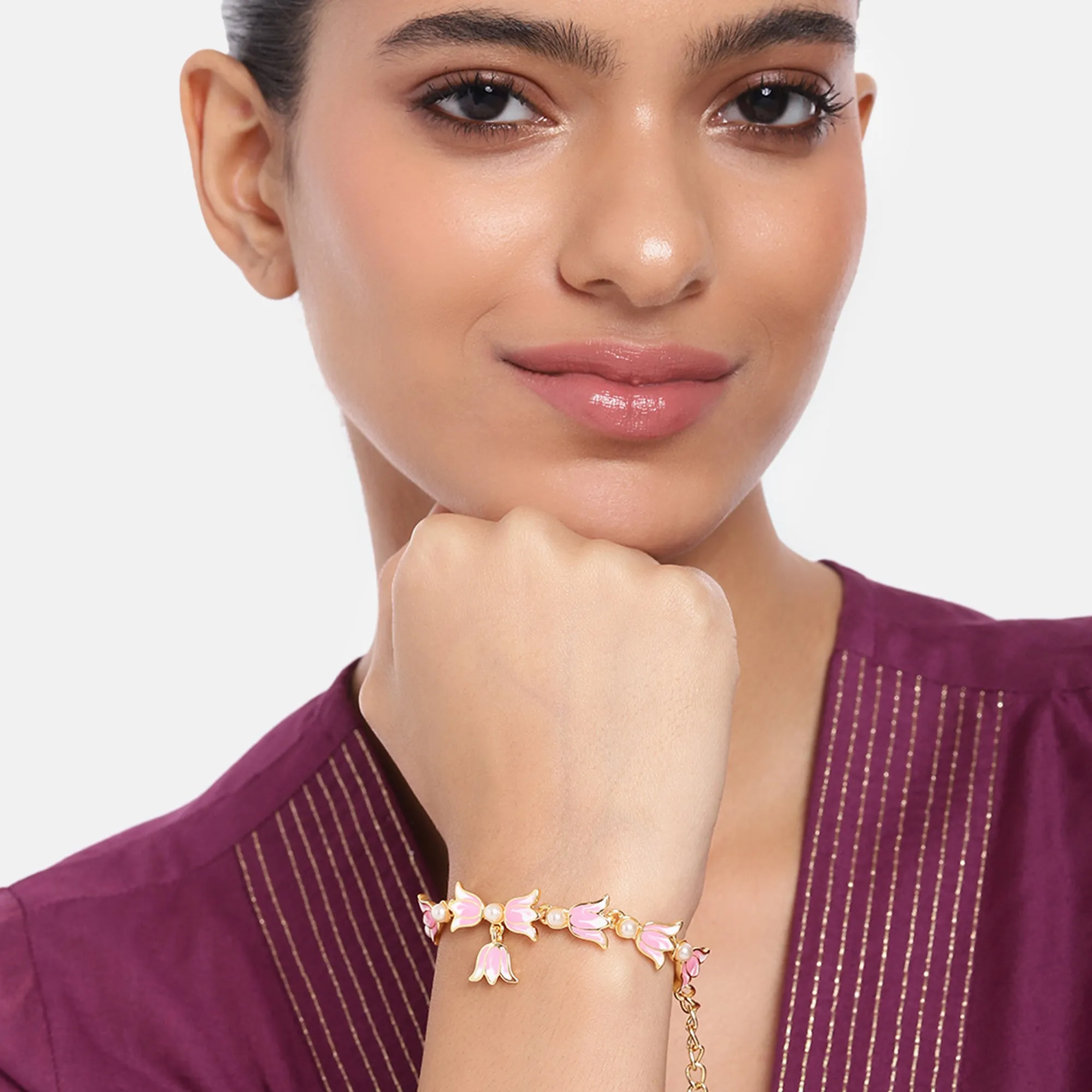 Estele Gold Plated Attractive Lotus Designer Adjustable Link Bracelet with Pearls & Pink Enamel for Girl's & Women
