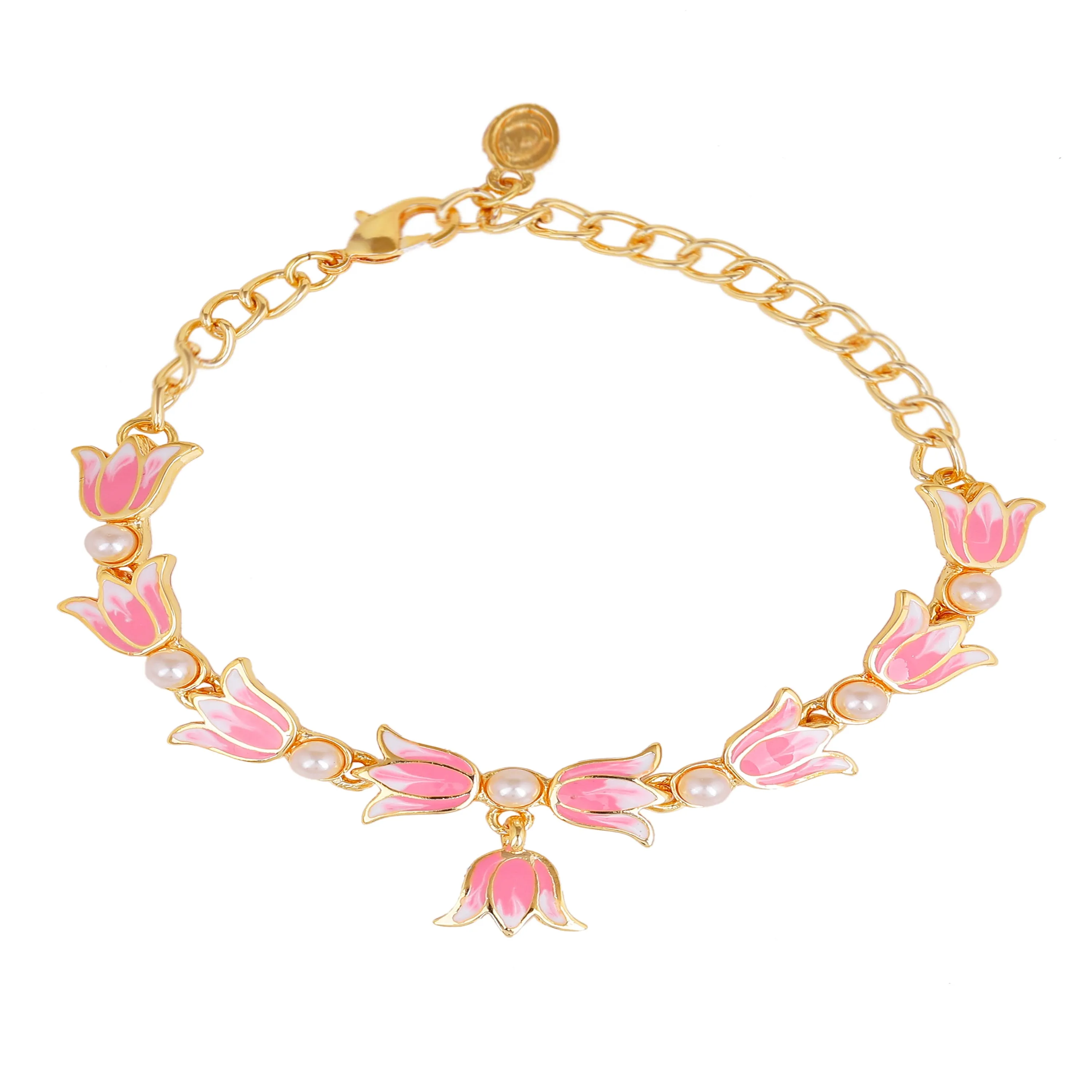Estele Gold Plated Attractive Lotus Designer Adjustable Link Bracelet with Pearls & Pink Enamel for Girl's & Women