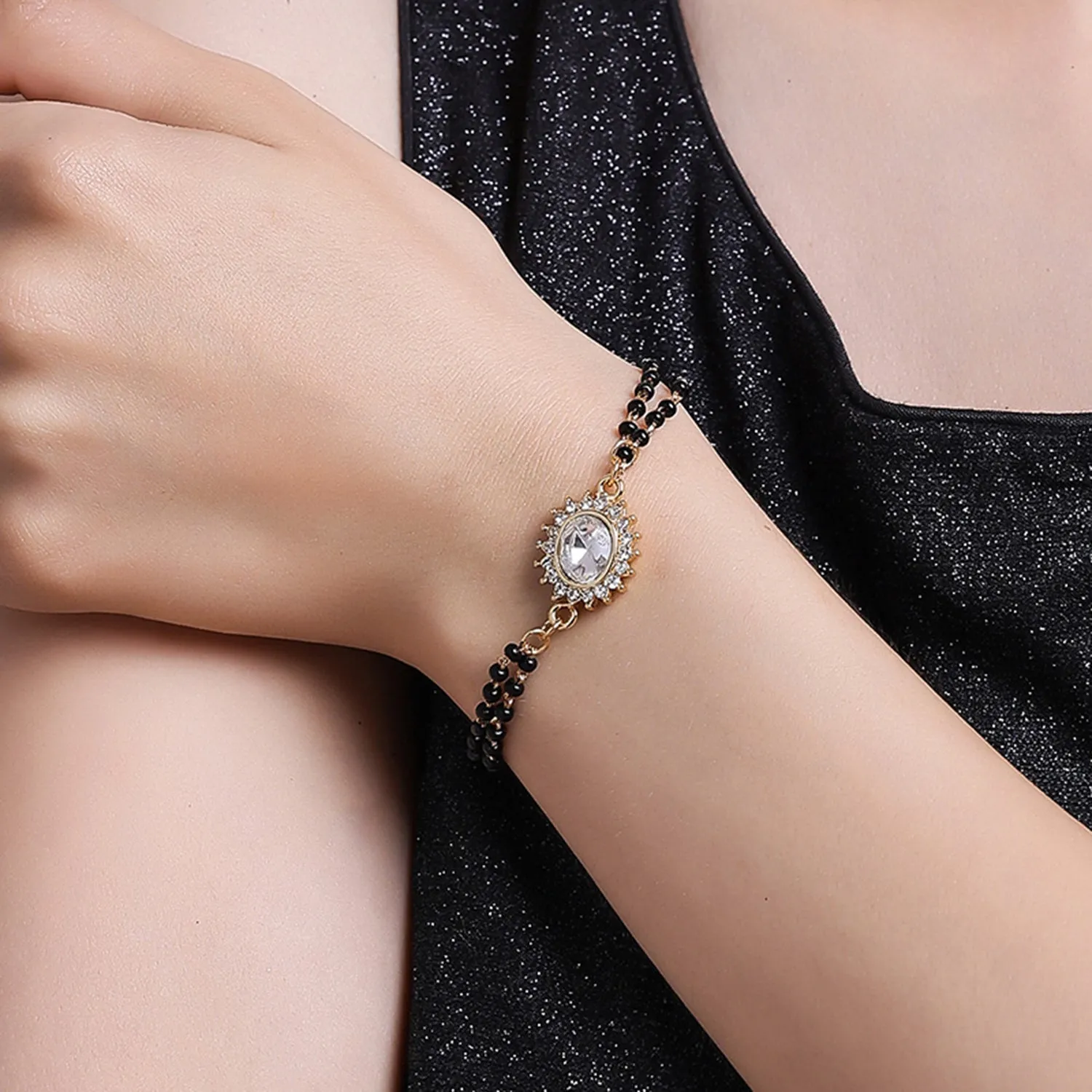 Estele Gold Plated Evil Eye with Black Beads Bracelet with Austrian Crystals & Kundan for Women