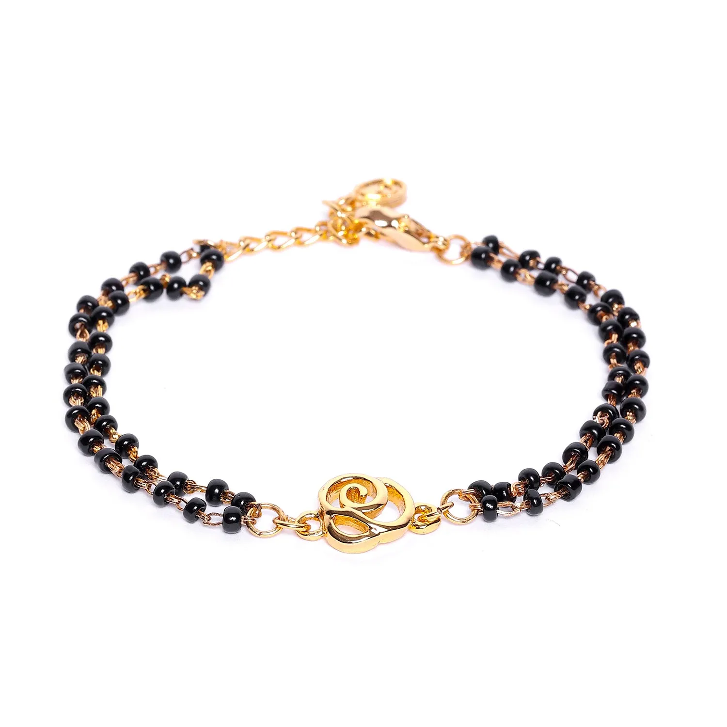 Estele Gold Plated Floral Shaped Bracelet with Black Beads for Women