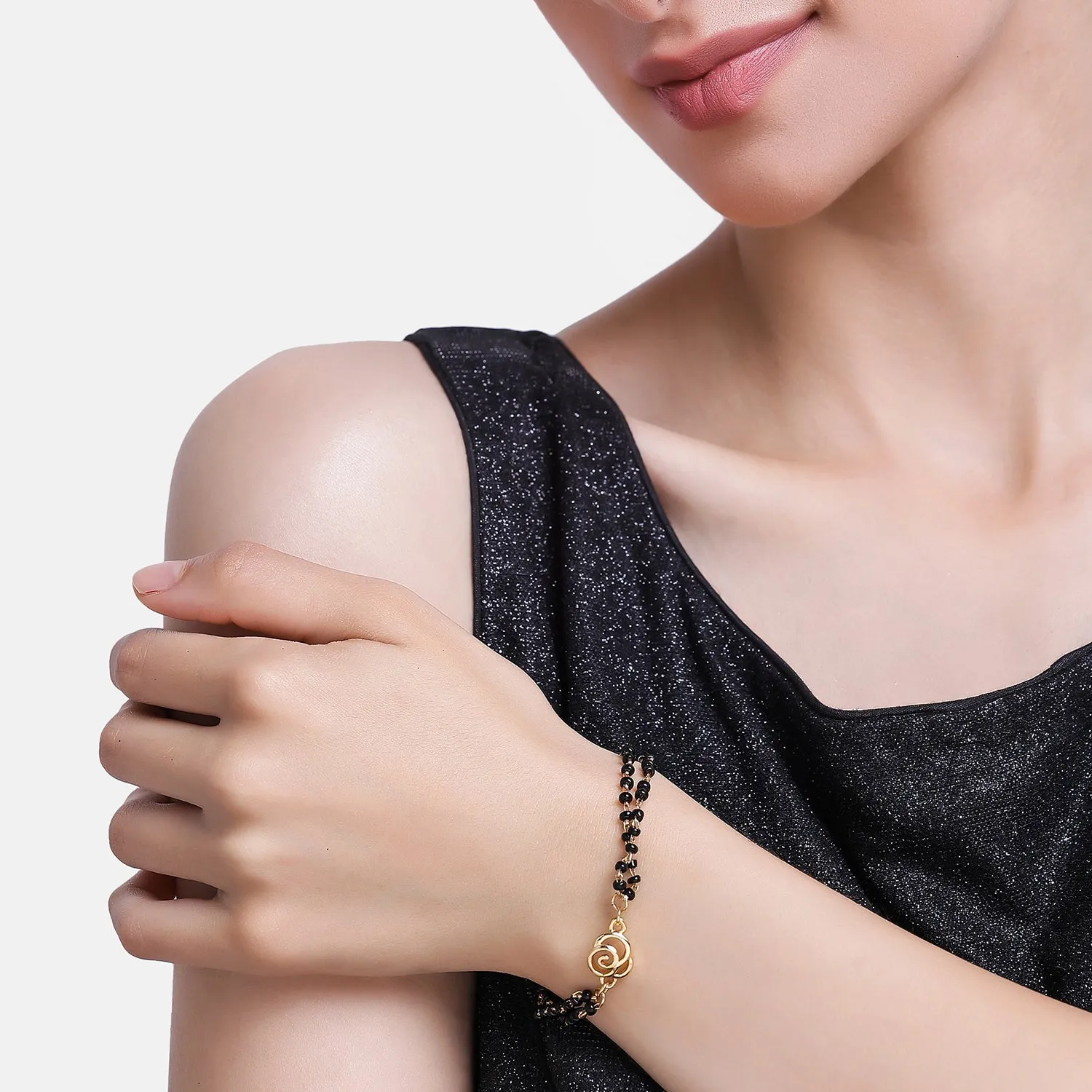 Estele Gold Plated Floral Shaped Bracelet with Black Beads for Women